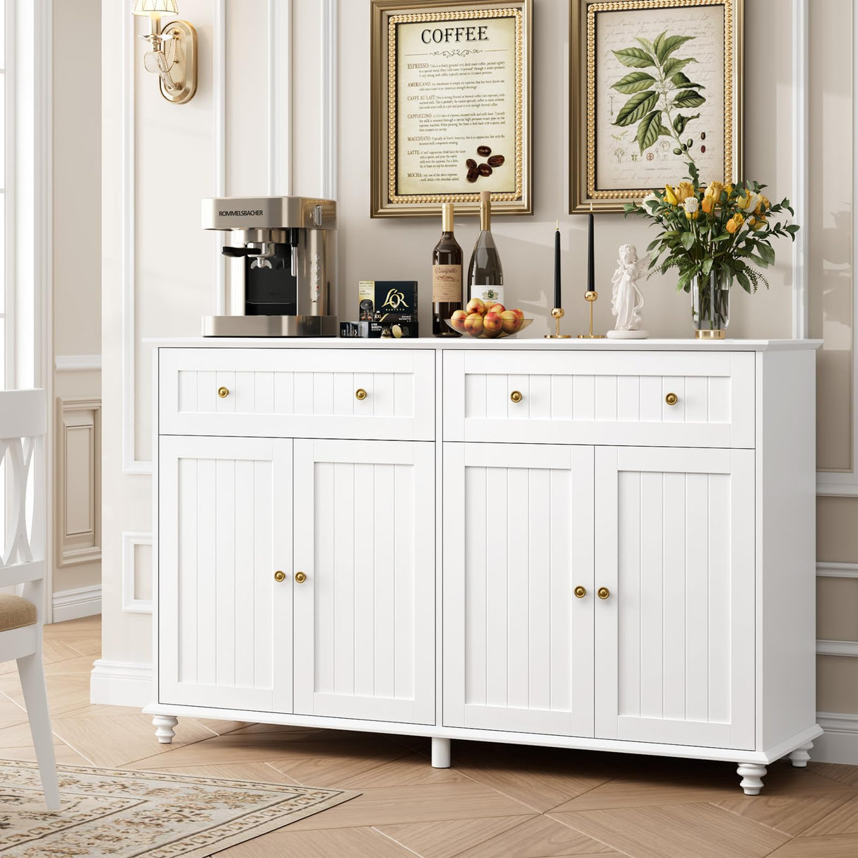 finetones Buffet Cabinet with Storage, 55.1” Large Sideboard Buffet Cabinet, White Kitchen Cabinet Display Cabinet with 2 Drawers and 4 Doors, Wood Coffee Bar Cabinet for Kitchen Dining Room finetones