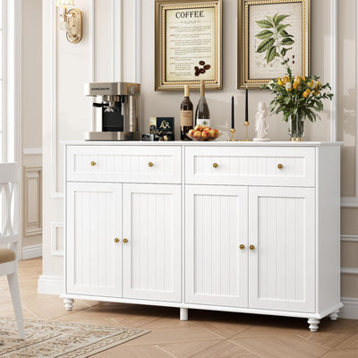finetones Buffet Cabinet with Storage, 55.1” Large Sideboard Buffet Cabinet, White Kitchen Cabinet Display Cabinet with 2 Drawers and 4 Doors, Wood Coffee Bar Cabinet for Kitchen Dining Room