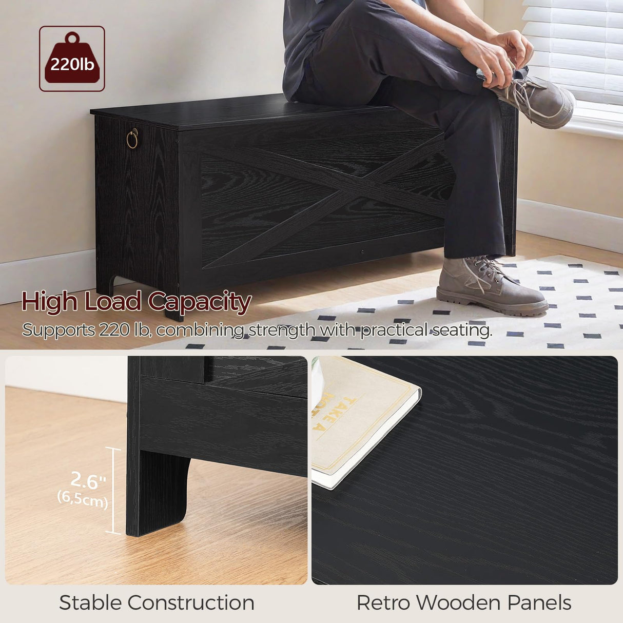 MAHANCRIS 47.2" Toy Chest, Sturdy Entryway Storage Chest with Safety Hinge, Retro Toy Box, Wooden Look Accent Furniture for Living Room, Bedroom, Black SCBK48801 MAHANCRIS