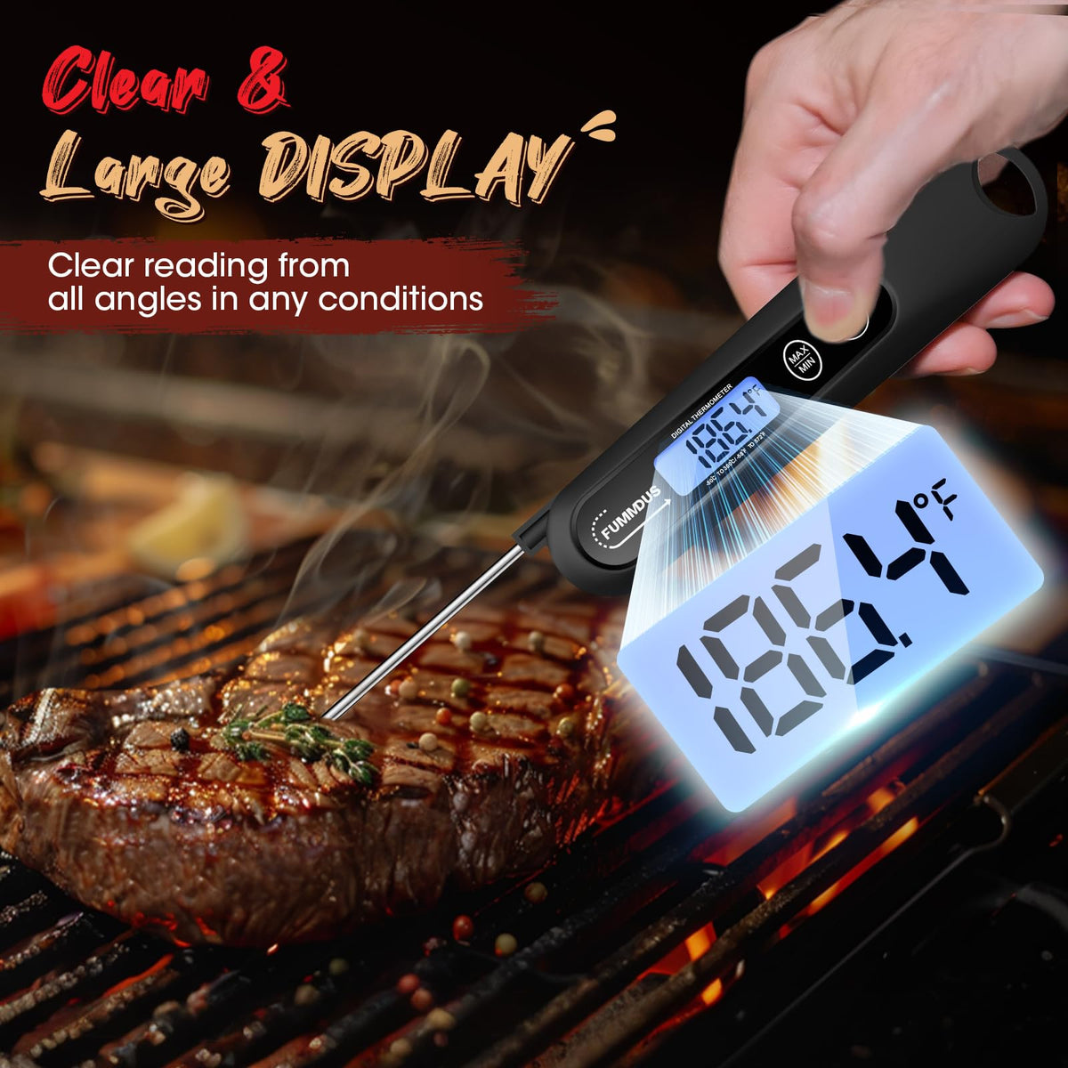 FUMMDUS Meat Thermometer Digital, 3S Instant Read Food Thermometer for Cooking with Backlight & Magnet, Foldable Temperature Probe Kitchen Gadgets Essentials for BBQ Oven Grill Smoker Candy FUMMDUS