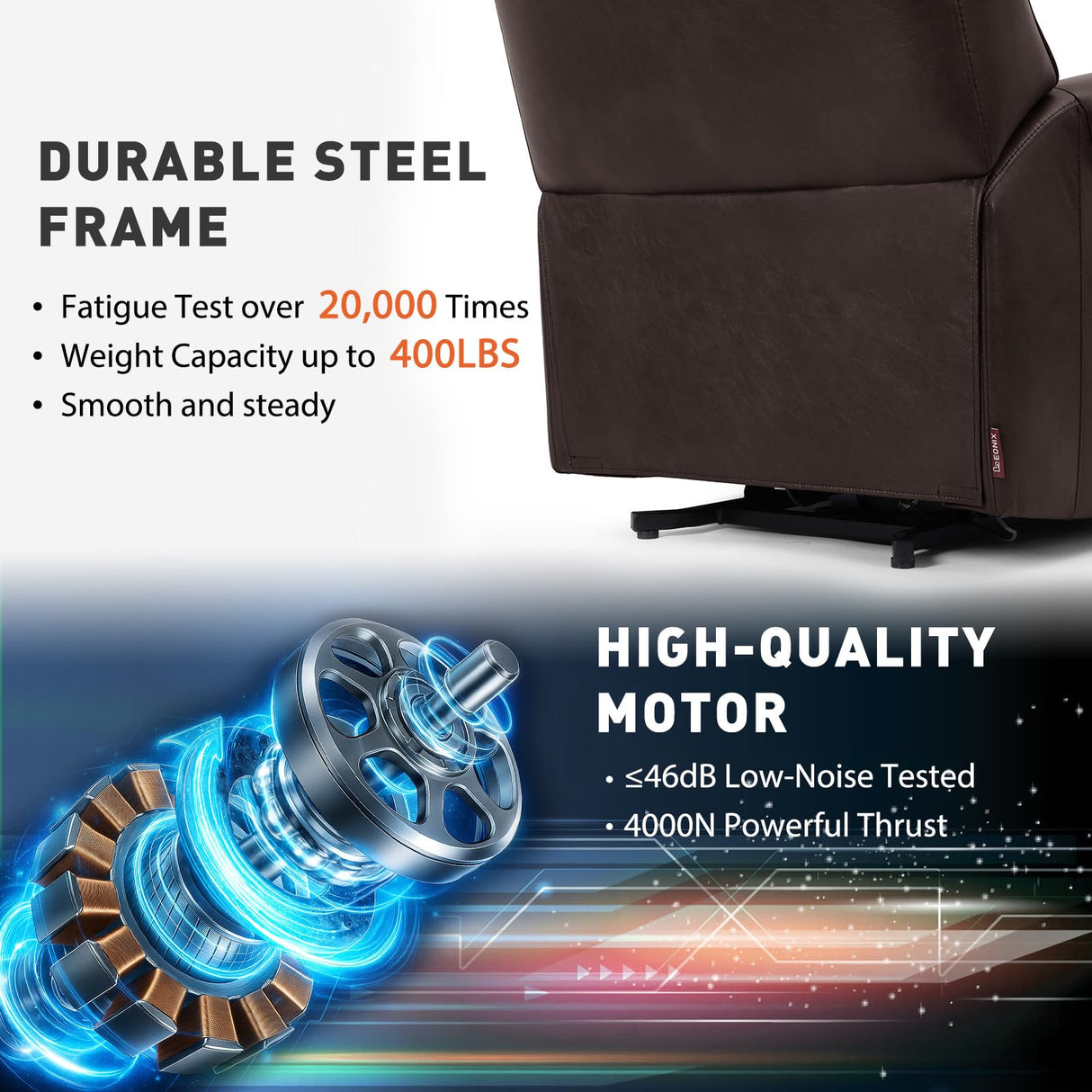 EONIX Dual Motor Lay Flat Power Recliner Chair, Mid Century Wingback Recliner with Independent Adjustable Backrest and Extended Footrest, 400lbs Heavy Duty, Breathable Faux Leather, Dark Brown EONIX