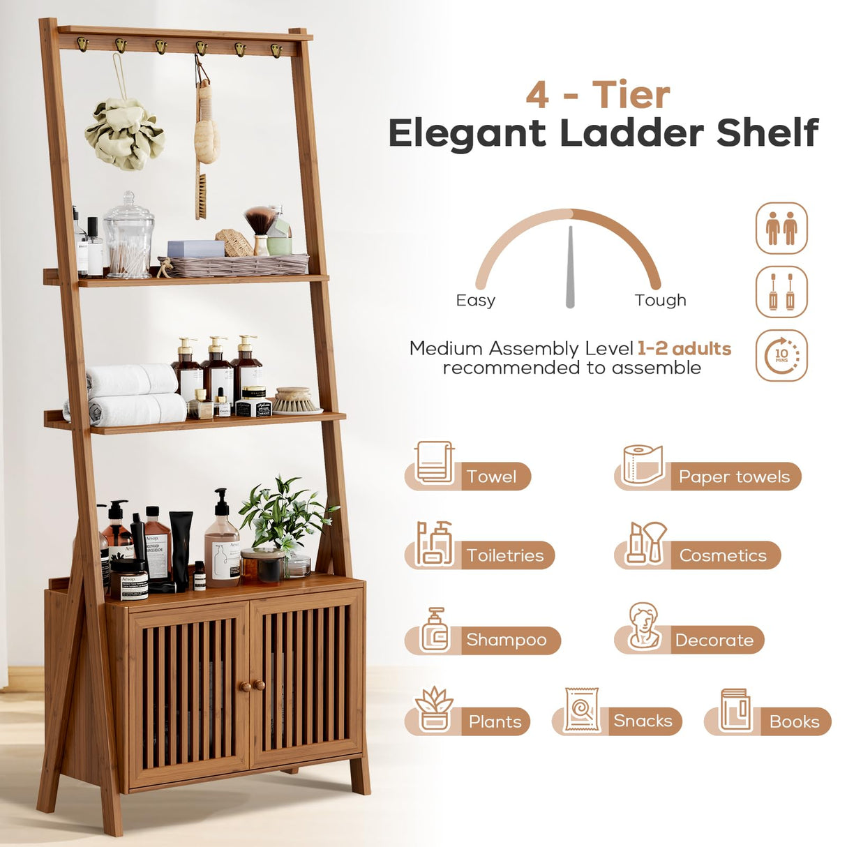Bookcase with Drawers, 4-Tier Bamboo Bookshelf Ladder Shelf with 6 Hooks, Tall Narrow Retro Book Shelf, 24.8"L x 10.6"W x 59.5"H, Standing Storage Organizer for Living Room, Office, Bedroom, Walnut oakvivo