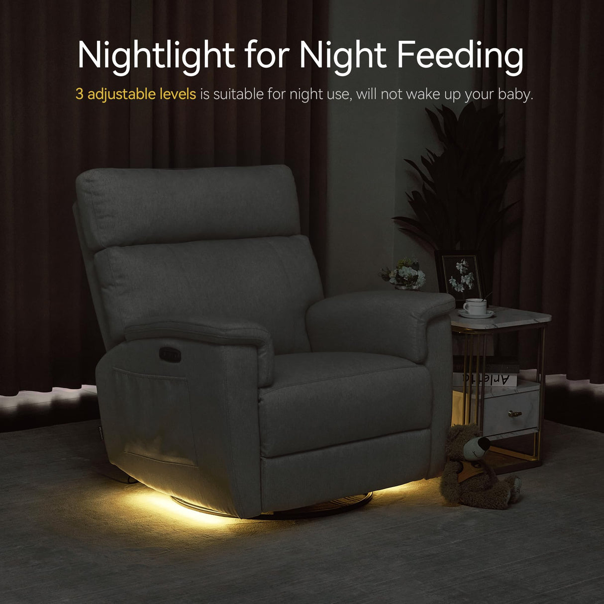 MCombo Oversized Swivel Glider Rocker Recliner with Adjustable Headrest, Dual Motor Power Recliner for Nursery, Led Nightlight, Fabric PR601 (Beige) MCombo