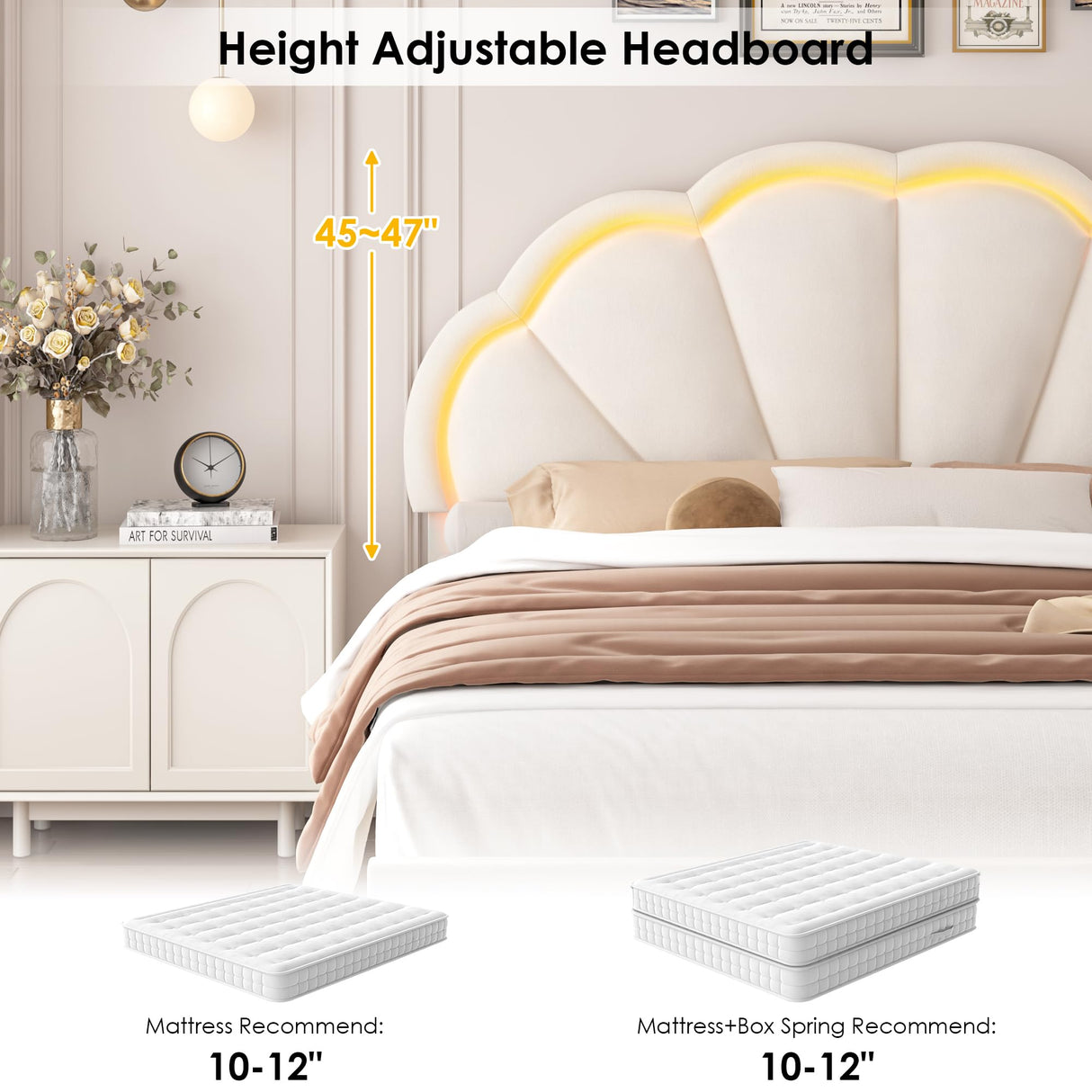 HIFIT King Size Upholstered LED Bed Frame with Adjustable Elegant Flowers Headboard in Beige HIFIT