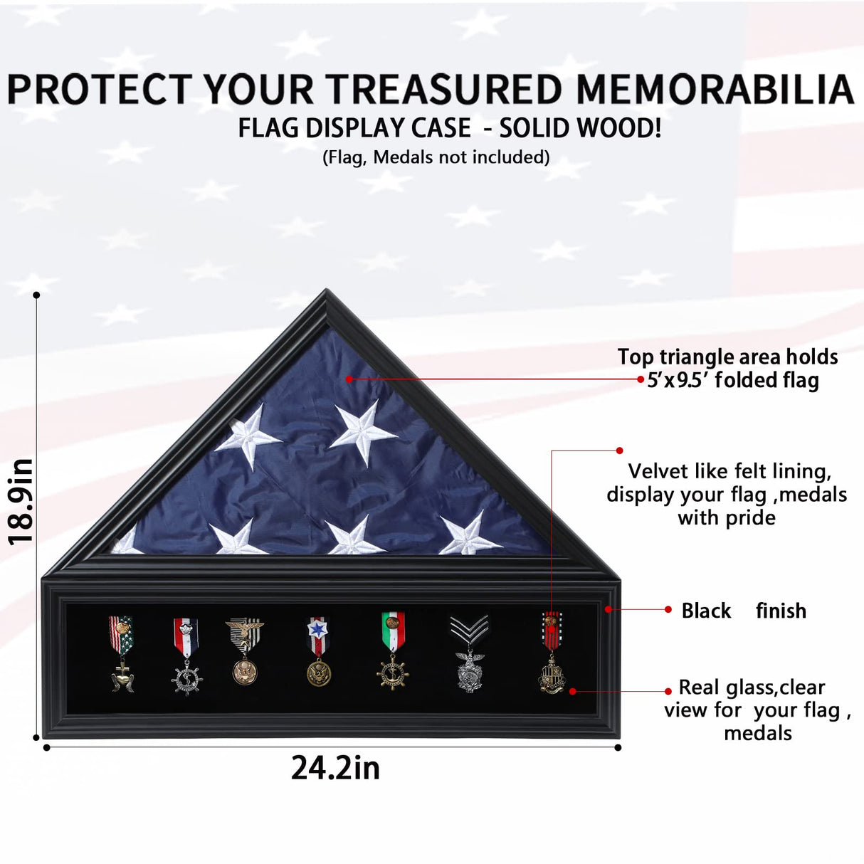 Zmiky Veteran Burial Flag Display Case American Flag Solid Wood Display Case Fits a 5 X 9.5 Flag Folded Military Shadow Box with Felt Lining Holder Zmiky