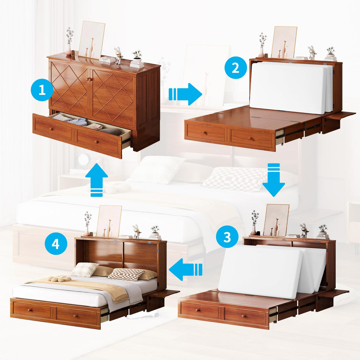 Mjkone Queen Murphy Bed Cabinet with Tri-Folding Mattress, Distressed Wooden 63" W Cabinets Wall Chest Beds with Built-in Charging Station & Storage Drawer for Office Guest Bedroom Living Room, Cherry Mjkone