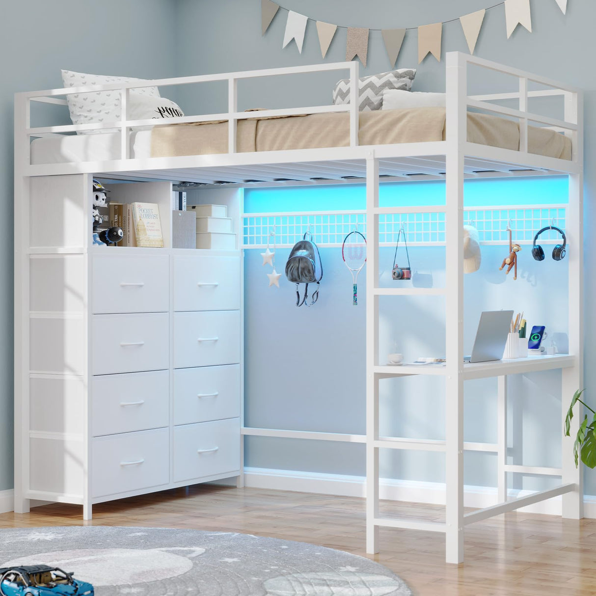 BTHFST Twin Loft Bed with Desk & 8 Storage Drawers Tall Dresser, White Metal Loft Bed with LED Lights & Charging Station, 2-Tier Storage Shelves, Stable & Sturdy, Noise Free, White BTHFST