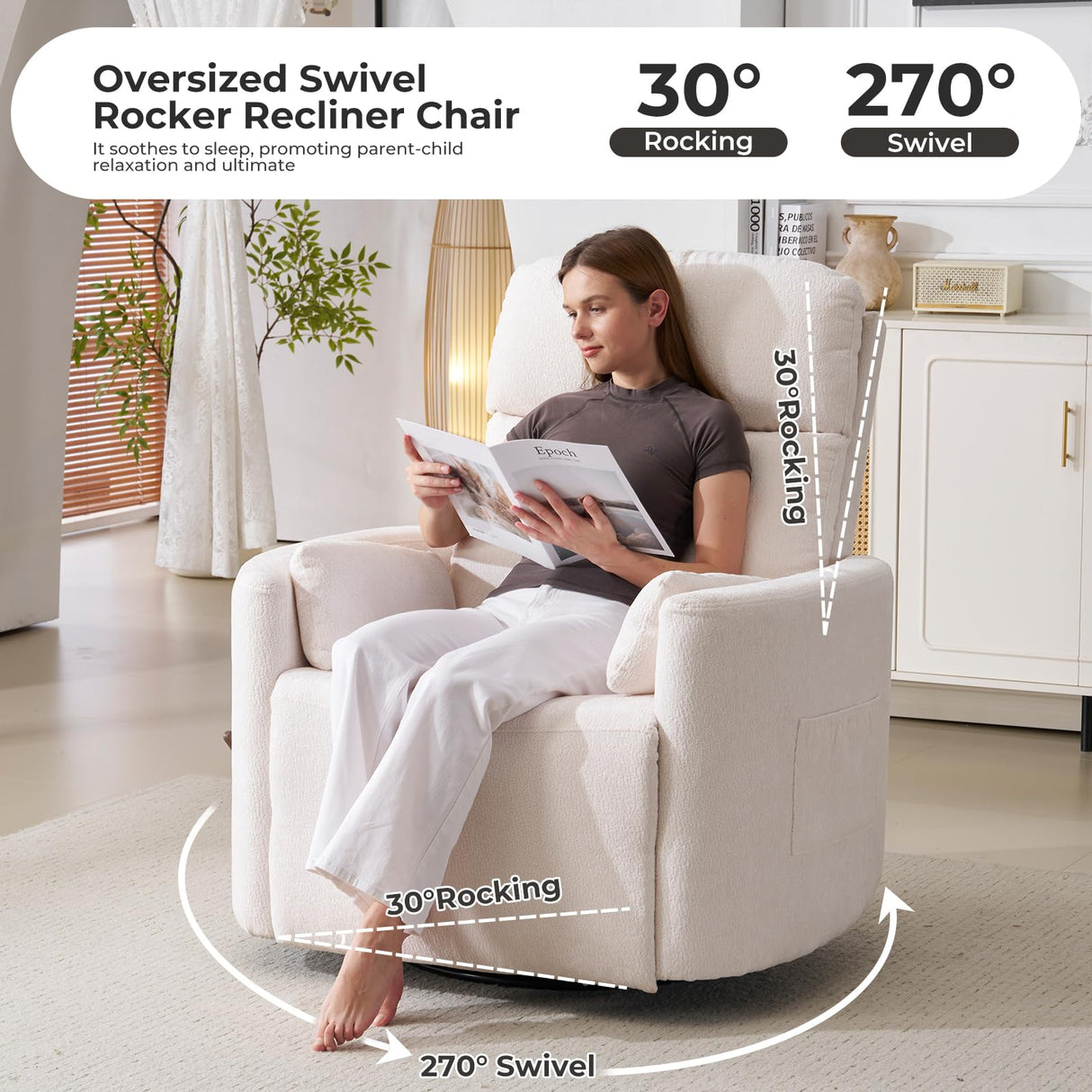 Rhevoy Oversized Swivel Recliner Chair with Massage and Heat, Rocking Chair Nursery with Adjustable Headrest, Rocking Chair Nursery Glider Chairs with 2 Pillows, Glider Rocker Recliner, White Rhevoy