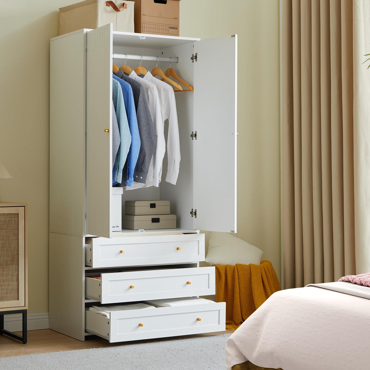PHOYAL Wardrobe Closet Armoire, 71 "Wardrobe Armoire Wooden Closet with 4 Doors, 6 Drawers Household Freestanding Wooden Closet Storage Cabinet for Bedroom, White - 2 PHOYAL
