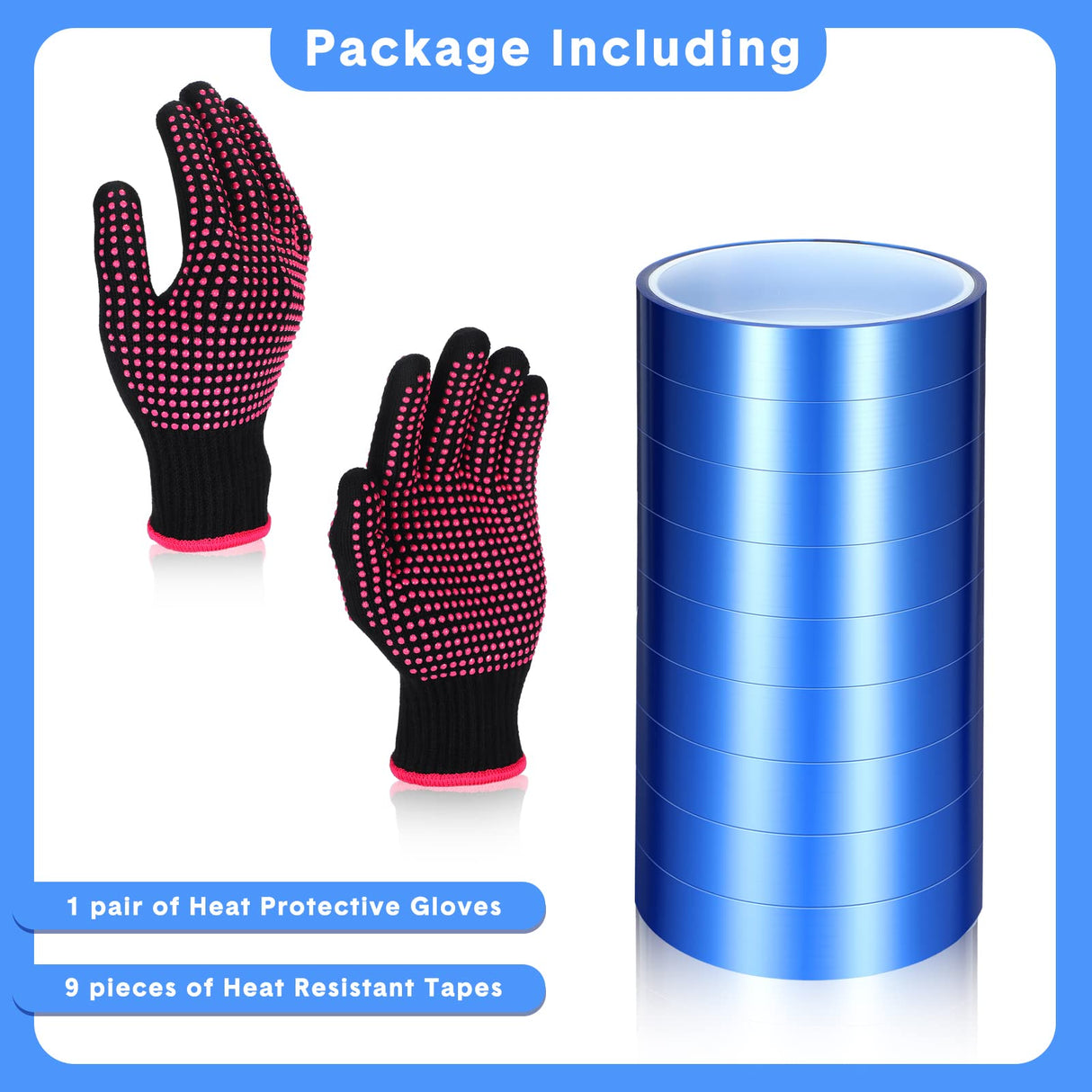 Heat Resistant Gloves and Sublimation Heat Tape, 9 Rolls High Temperature Tape with 1 Pair Heat Gloves for Sublimation Silicone Bump, Heat Tape Heat Transfer Tape, 10 Piece Set Jeyiour