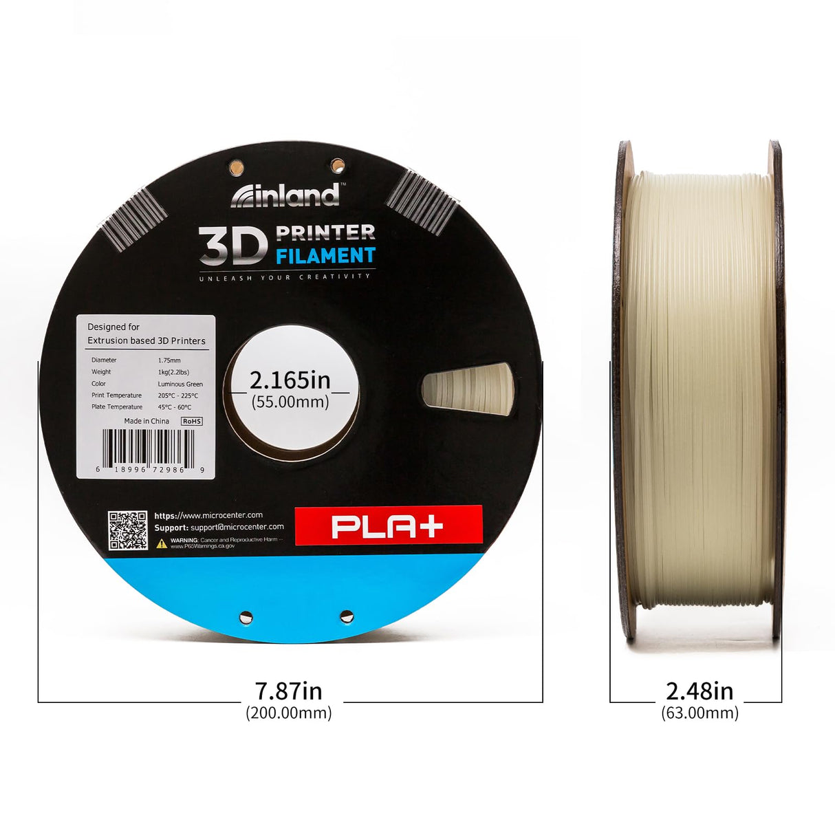 INLAND Micro Center PLA+ 3D Printing Filament 1.75mm, Green Glow in The Dark - Glowing PLA Plus 3D Printer Filament - PLA Pro Dimensional Accuracy +/- 0.03 mm - 1 kg Cardboard Spool (2.2 lbs) INLAND