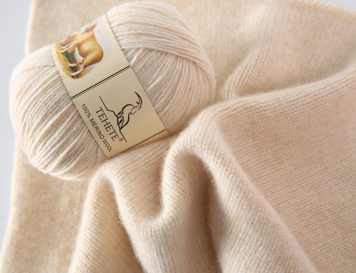 TEHETE 100% Merino Wool Yarn for Knitting 3-Ply Luxury Warm Soft Lightweight Crochet Yarn (Beige) TEHETE