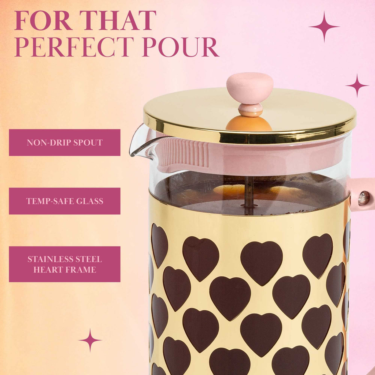 Paris Hilton French Press Coffee Maker With Heart Shaped Measuring Scoop, 2-Piece Set, 8-Cup or 34-Ounce, Pink Paris Hilton