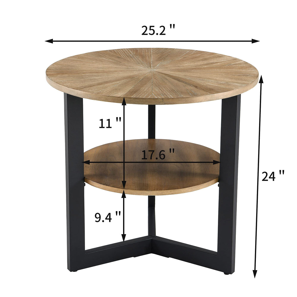 LEEMTORIG Round End Table with Storage, Farmhouse Circle Side Table for Living Room, Solid Wood 2-Tier Nightstand, Natural Wood Tabletop & Black Metal Frame, 25.2" D x 24" H, CJZ-1338 LEEMTORIG