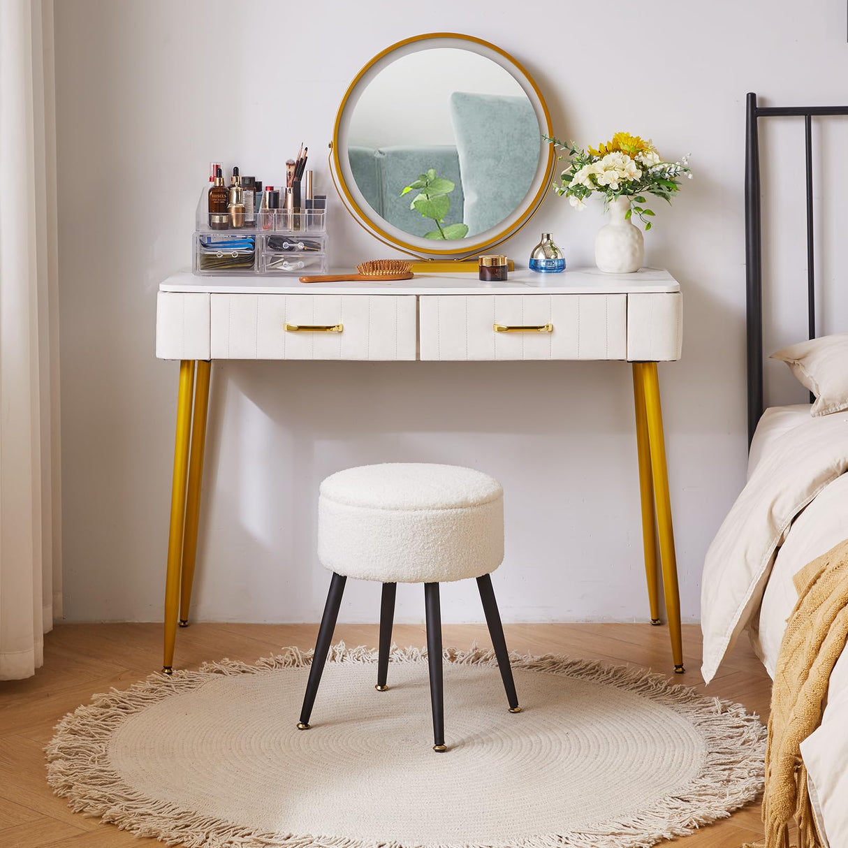 Aibiju White Ottoman with Storage Faux Teddy Fur, Round Storage Ottoman for Vanity, 13" D x 18" H Foot Stools Ottoman with 4 Metal Legs, Mushroom Stool for Makeup Living Room Warm White YD-RMS137W Aibiju