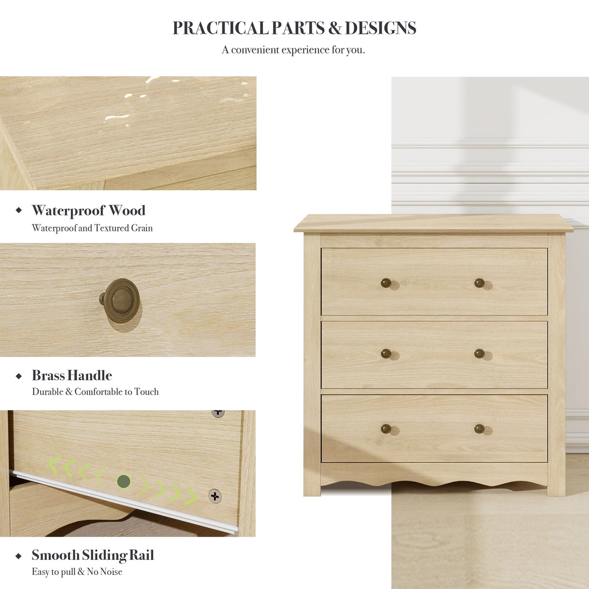 CHYMSUN Oversized 3 Drawer Dresser for Bedroom, Mid Century Modern Wooden Dressers Chest of Drawers with Handles, Waveform Nightstand Dresser, Storage Organizer for Bedroom, Living Room, Wood CHYMSUN