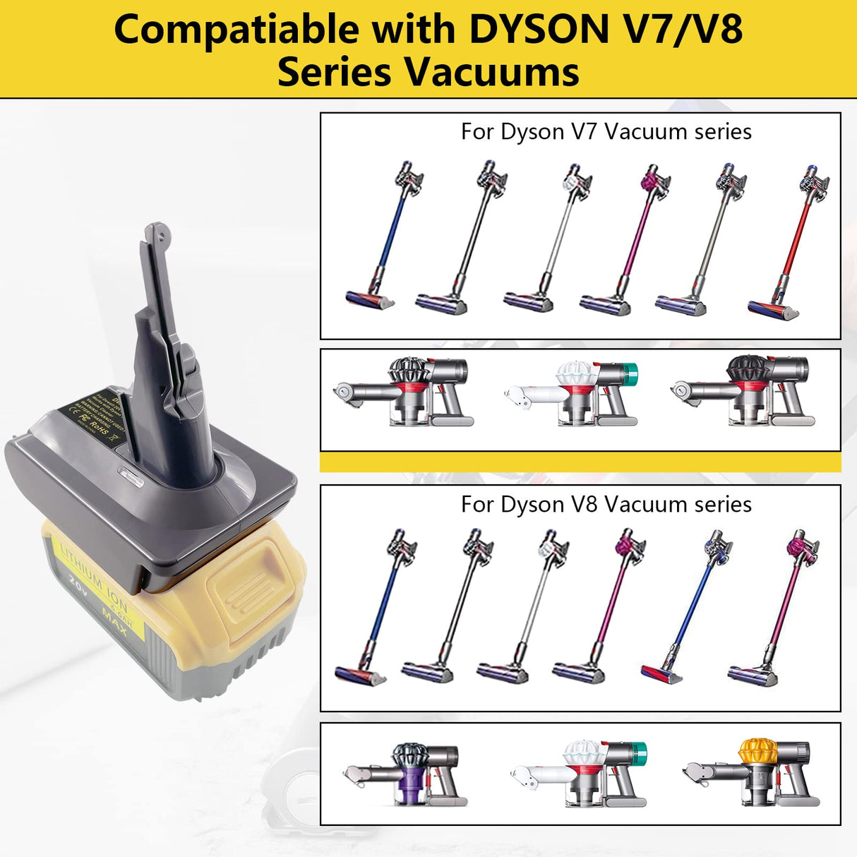 ASUNT New Version V8 V7 Battery Adapter for DeWalt 20V Lithium Battery Convert to Replace for Dyson V8 V7 Battery, Work for Dyson V8/7 Series Vacuum Cleaners V8/7 Animal V8/7 Absolute V8/7 Motorhead ASUNT
