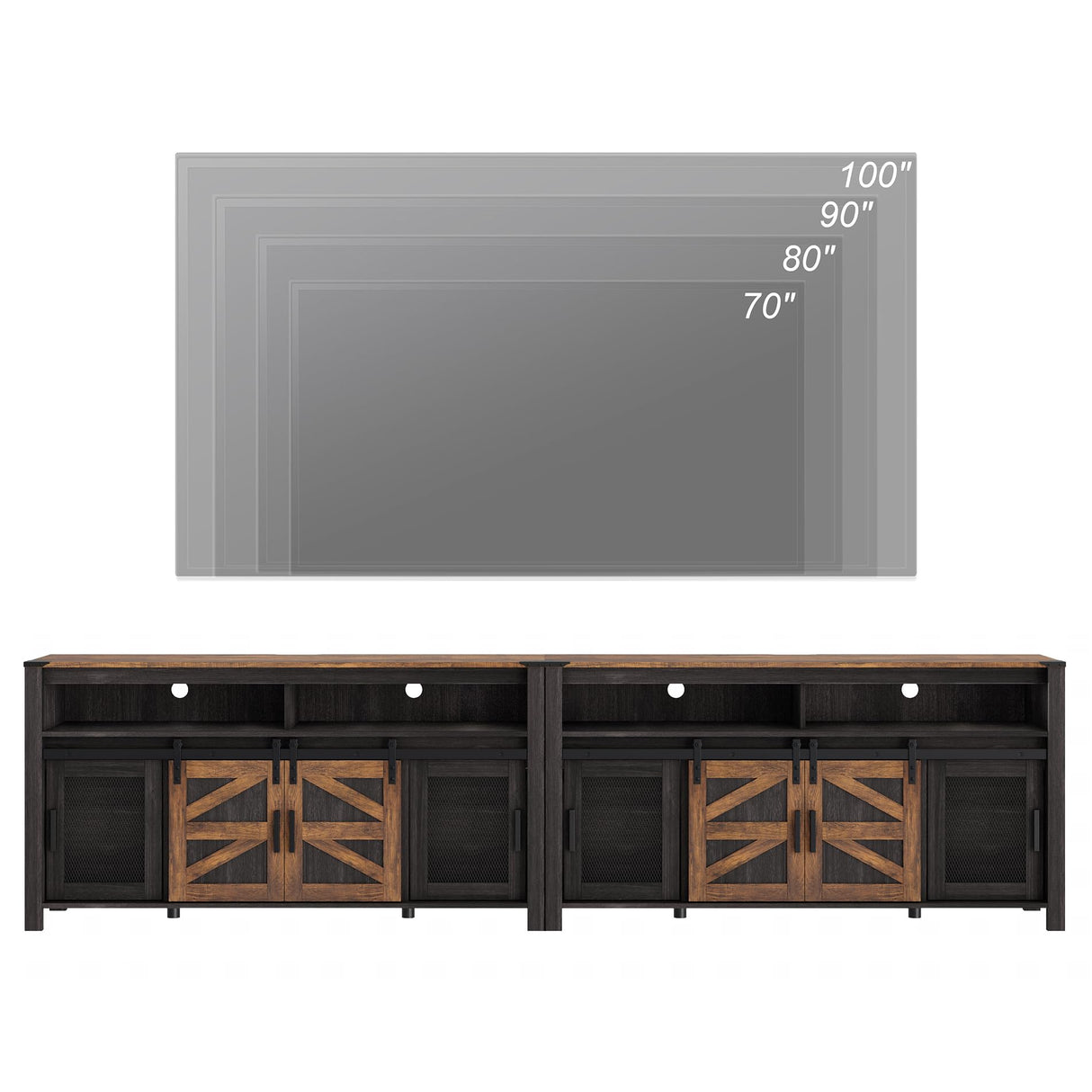 WAMPAT Set of 2 Farmhouse TV Stands with Mesh & Barn Doors for 100+ Inch TV, Antique Black & Brown 118" Entertainment Center with Open Storage Shelf, 2-in-1 Media Console for Living Room, Bedroom WAMPAT