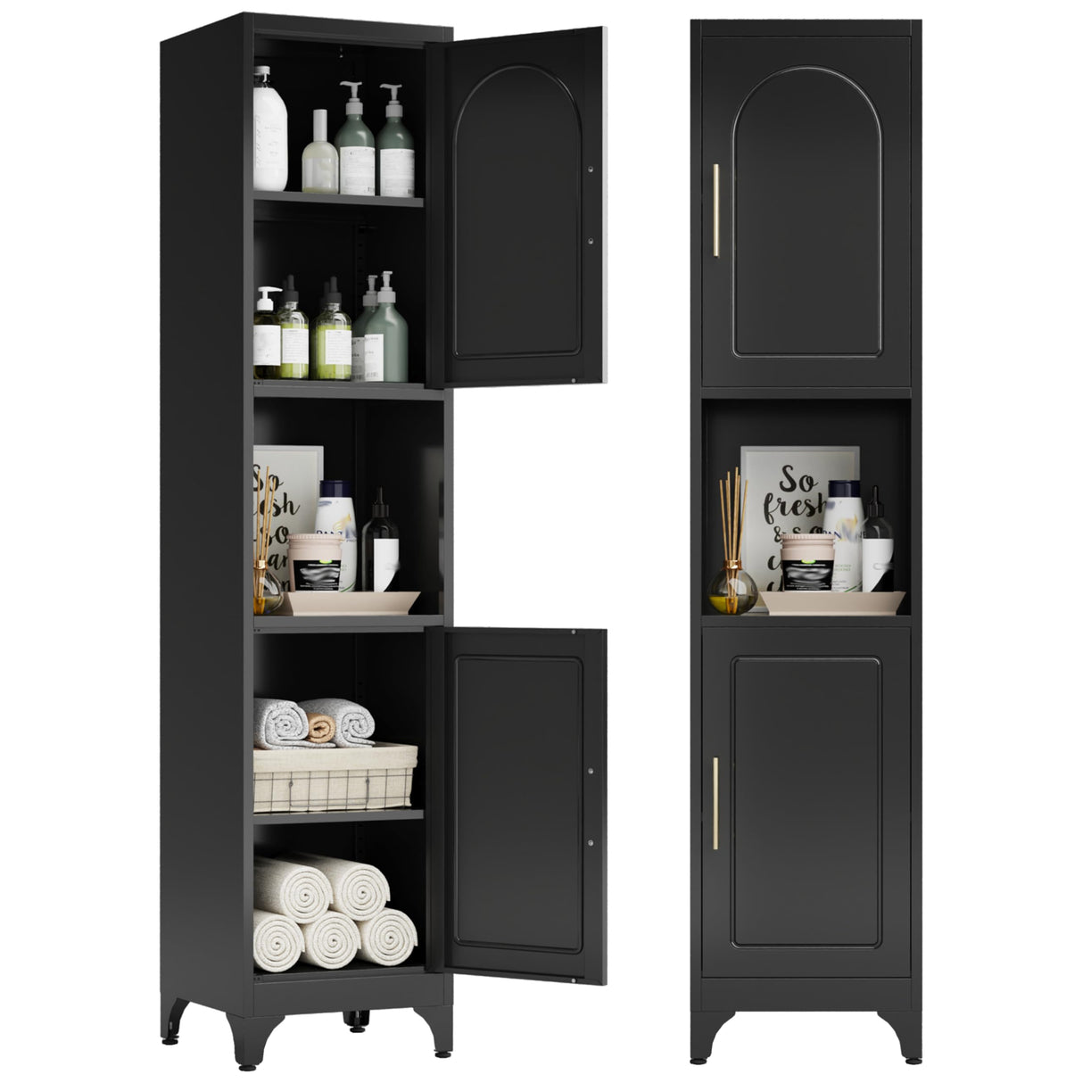 Kubohogar 75" Tall Bathroom Storage Cabinet, Metal Bathroom Floor Cabinet with Doors, Open Space, Adjustable Shelves,Freestanding Narrow Cabinets for Kitchen, Living Room, Laundry, Black Kubohogar