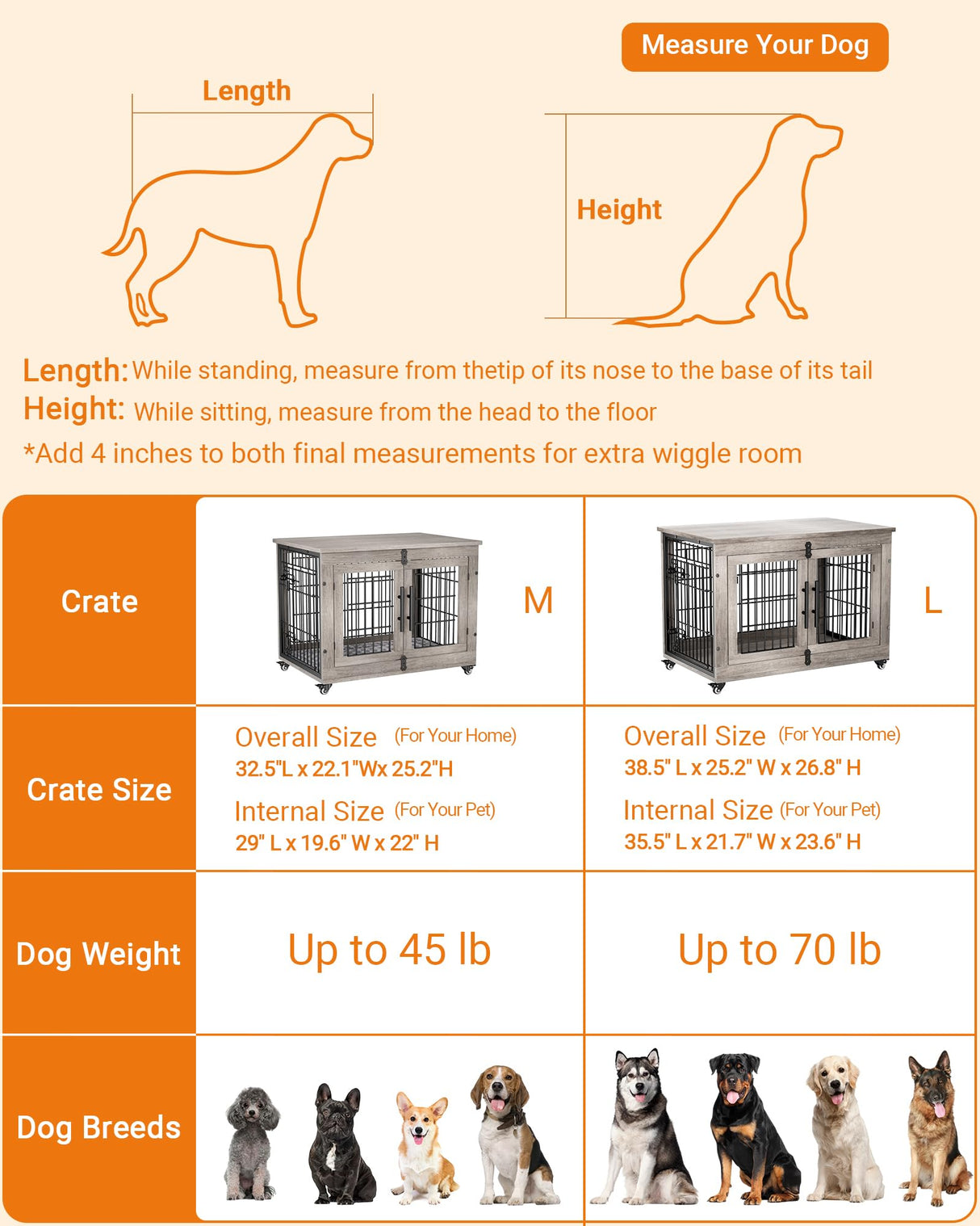 Lulive Dog Crate Furniture, Dog Kennel Indoor Double Doors Wooden Dog Cage, 33'' Heavy Duty Dog Crate with Cushion & Wheels, Decorative End Table Pet House Chew-Resistant for Medium/Small Dog, Grey Lulive