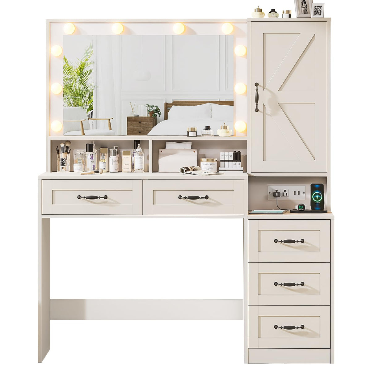 DINGIPP Farmhouse Vanity Desk with Mirror and 10 Led Lights, 45.3" Large Makeup Vanity Table with Power Outlet, 5 Drawers and 1 Cabinet, Vanity Set Dressing Table with 9 Hooks for Women Girls (White) DINGIPP