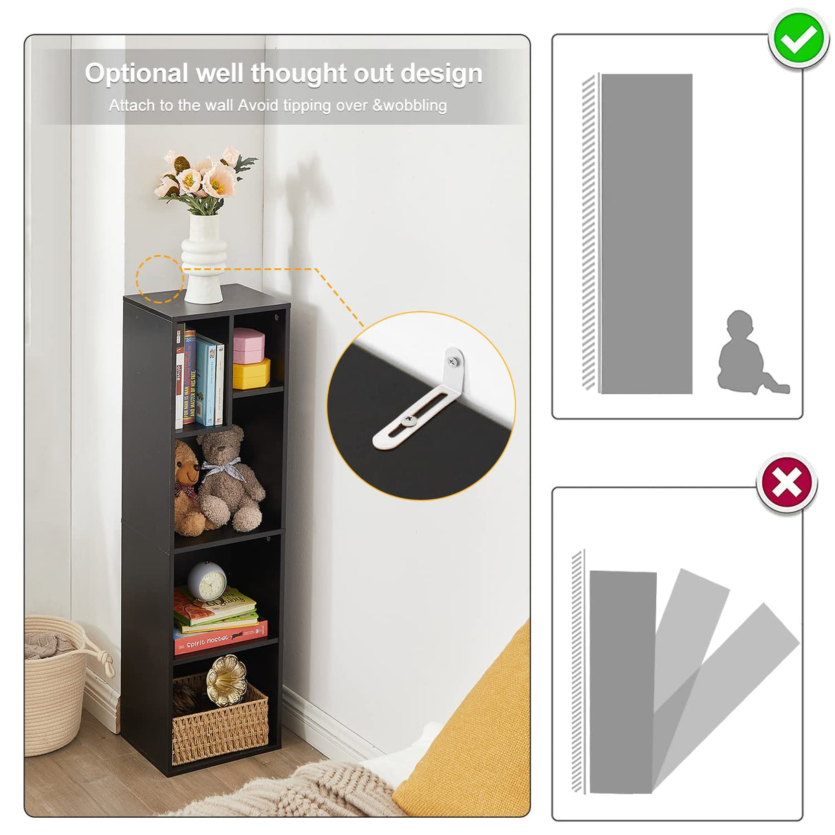 VECELO 4-Tier Slim Bookcase, Modern Storage Cabinet, Slim Bookshelf, Fits Tallest Hardcover, 5 Cubes, Vertical or Horizontal, Easy Assembly, Black VECELO