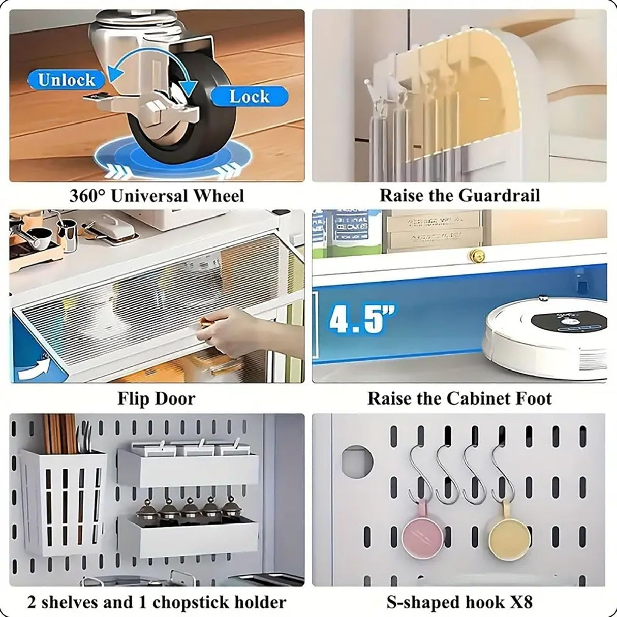Voclym Bakers Rack with Wheels, 5-Tier Coffee Bar with Wheels, Microwave Stand with Storage, Kitchen Shelves for Kitchen Pantry, Storage Room, White Voclym