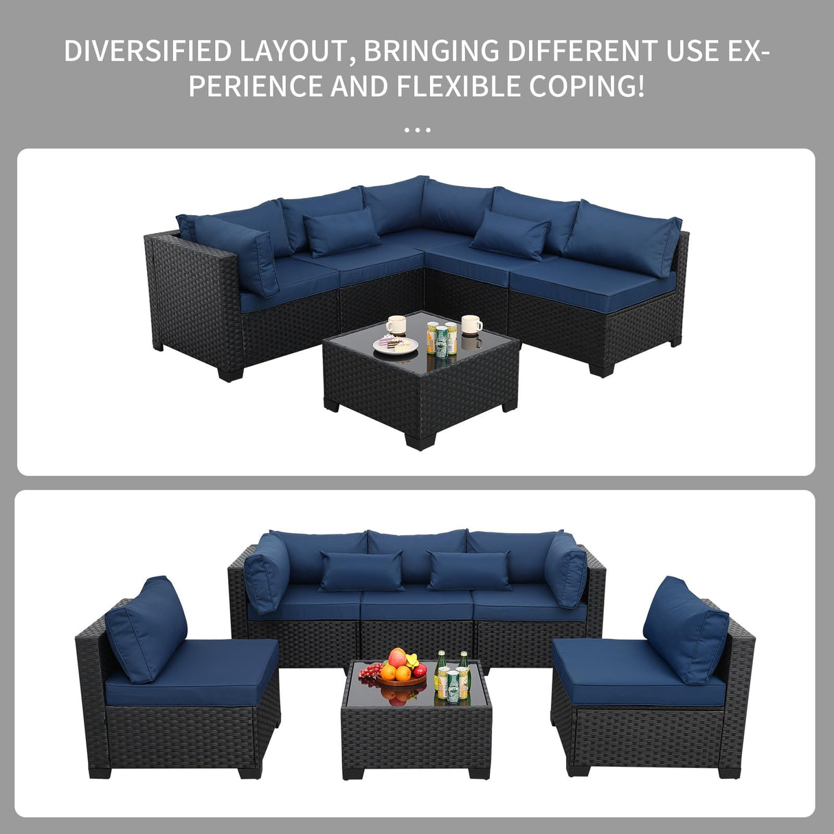 Rattaner Patio Sectional 6 Pieces All-Weather Wicker Patio Furniture Set Outdoor Sectional with Glass Patio Table Non-Slip Cushions and Waterproof Covers, Navy Blue Rattaner