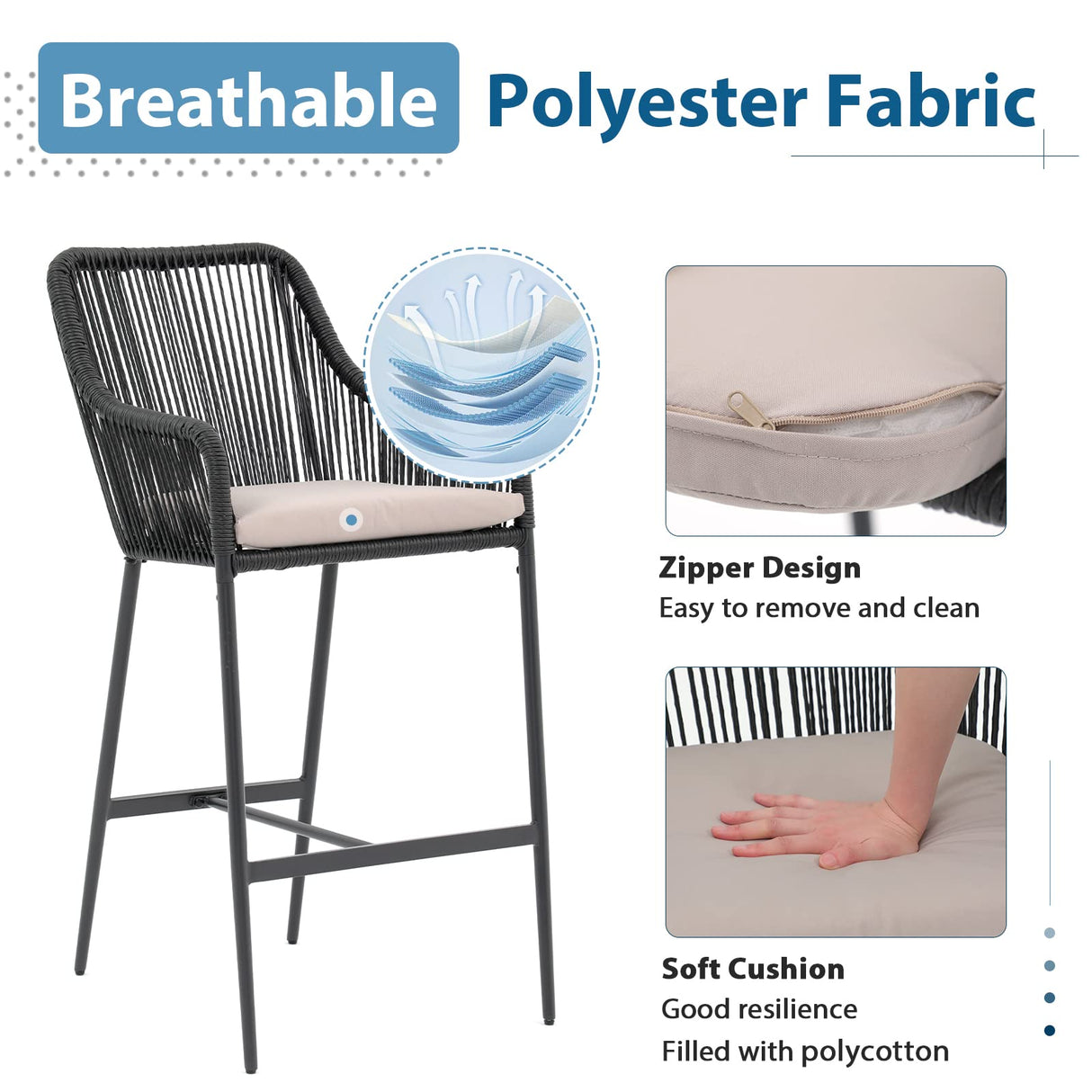 JOIVI Wicker Bar Stools Set of 2, Patio Outdoor Rattan Rope Bar Height Chairs with Cushions, Armrest and Footrest for Indoor, Garden, Poolside, Lawn, Backyard, Black JOIVI