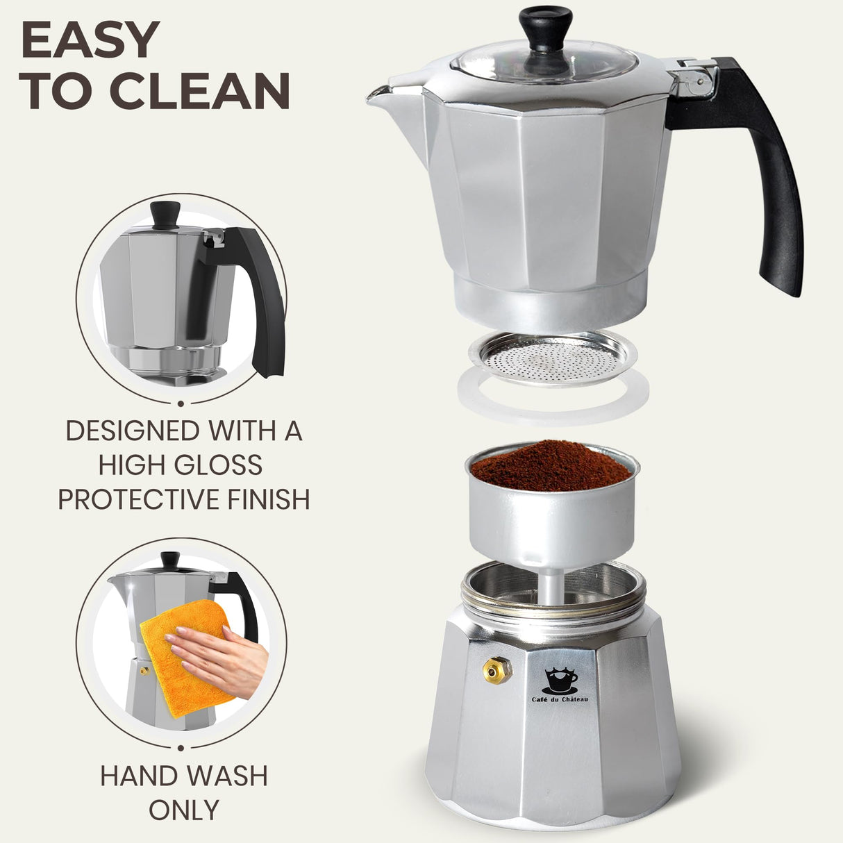 Cafe Du Chateau Espresso Maker (6 cup) Transparent Top Lid, High Gloss Finish, with Coffee Clip Spoon - Coffee Percolator, Camping Coffee Pot Cafe Du Chateau