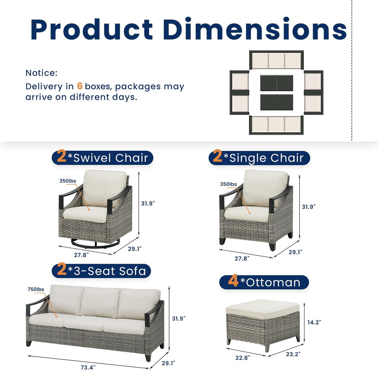 10 Piece Outdoor Patio Furniture Set-All Weather Outdoor Conversation Sets Sectional Sofa with Wicker Swivel Rocker Patio Chairs, Thick Cushions Ottomans for Porch Balcony Patio Deck Grey/Beige PLANNTONNEO