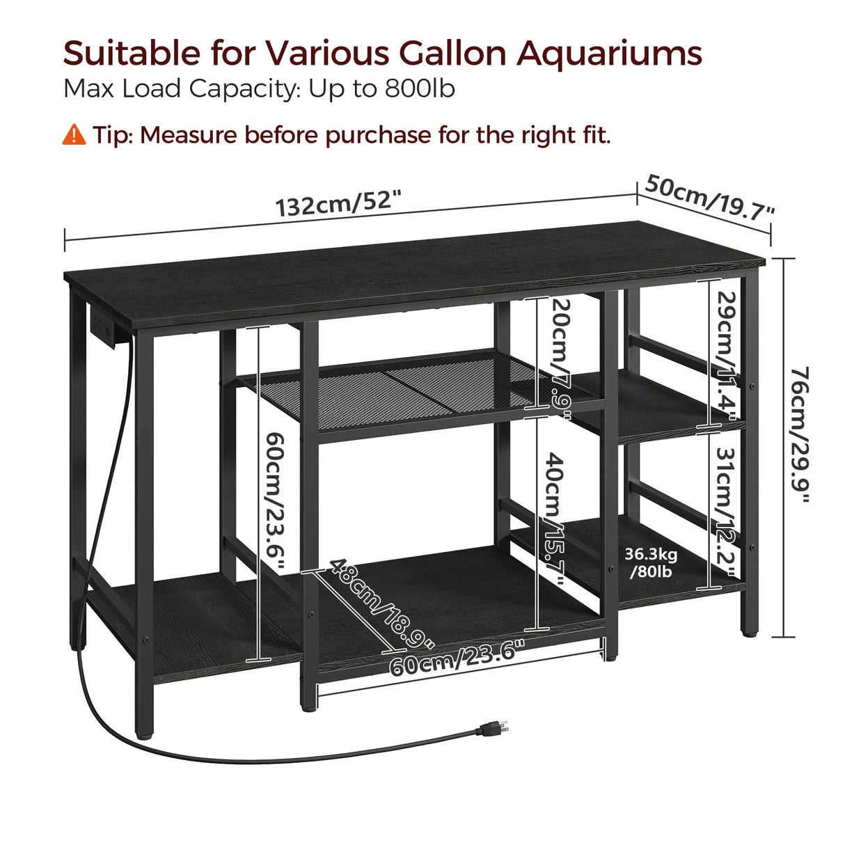MAHANCRIS 55-75 Gallon Fish Tank Stand with Power Outlet, 3-Tier Metal Frame Aquarium Stand, Heavy Duty Reptile Terrarium Tank Stand, 52.0" L x 19.7" W x 29.9" H, 800 LBS Capacity, Black FTBK55E01 MAHANCRIS