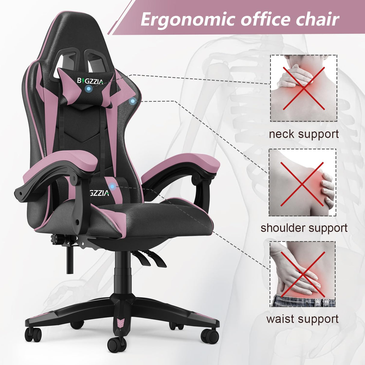 Bigzzia Gaming Chair, Ergonomic Video Game Chairs with Pillow and Lumbar Support, Racing Style Height Adjustable Computer Chair with 360°-Swivel Seat for Adults(Black/Pink) Bigzzia