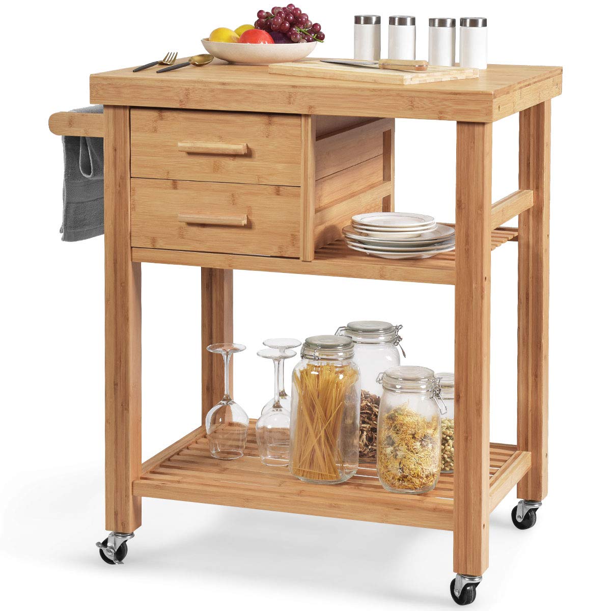 Giantex Kitchen Island, Bamboo Island Cart, Kitchen Trolley Cart on Wheels, Rolling Kitchen Cart, 2 Drawers, Towel Rack, Casters with Lock (Natural) Giantex