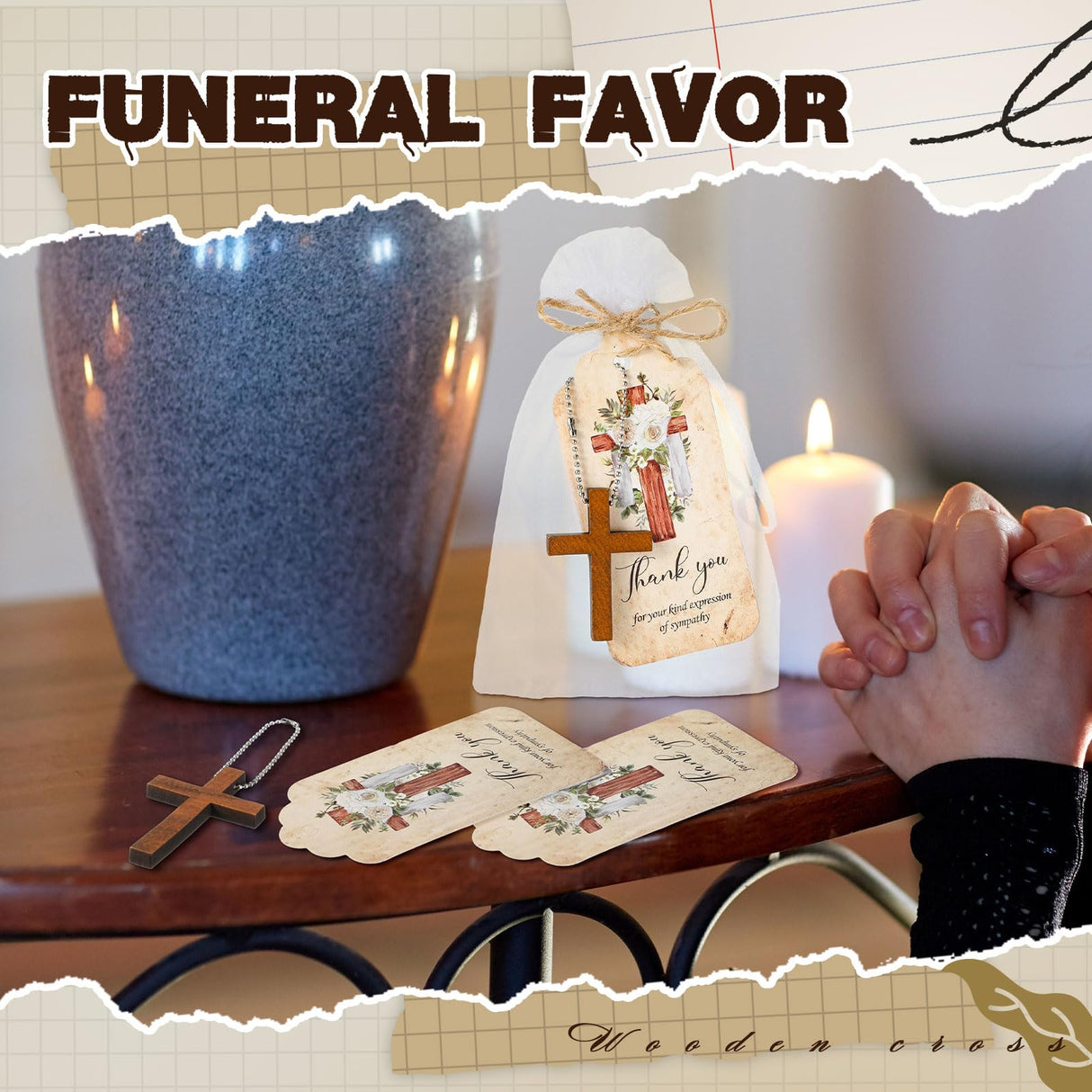 Tradder 100 Set Funeral Favors Set 100 Wooden Cross Keychain 100 Funeral Thank You Cards 100 Organza Bags for Celebration of Life Decorations, Funeral Guest Family Friends Loved Ones (Cross) Tradder
