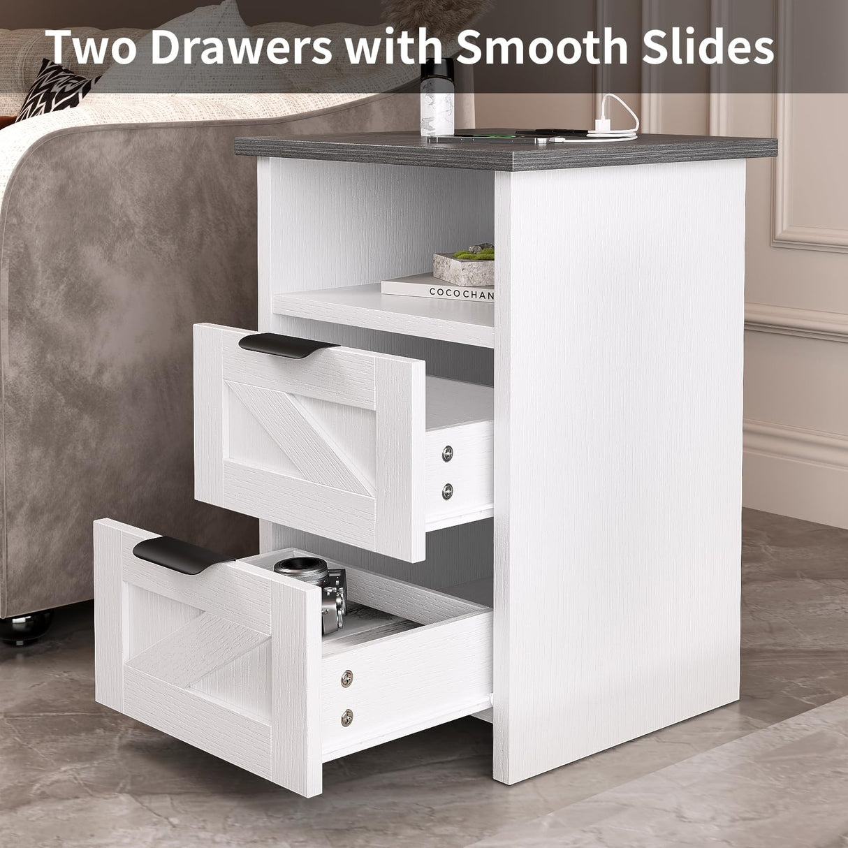 AURINEST Farmhouse Night Stand Set of 2 with Charger Station, Bed Side Table with 2 Drawers and Storage Shelf, Rustic End Table for Bedroom, Living Room, Small Spaces, White AURINEST