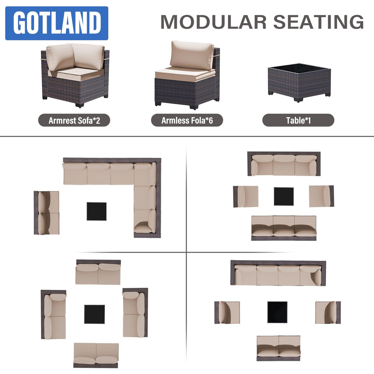 Gotland 9 Pieces Patio Furniture Set with 1 Coffee Table, Wicker Outdoor Sectional with 29.5'' High Backrest Thick Waterproof Cushions, Conversation Sets in 4 Combinations for Deck Pool Khaki Gotland