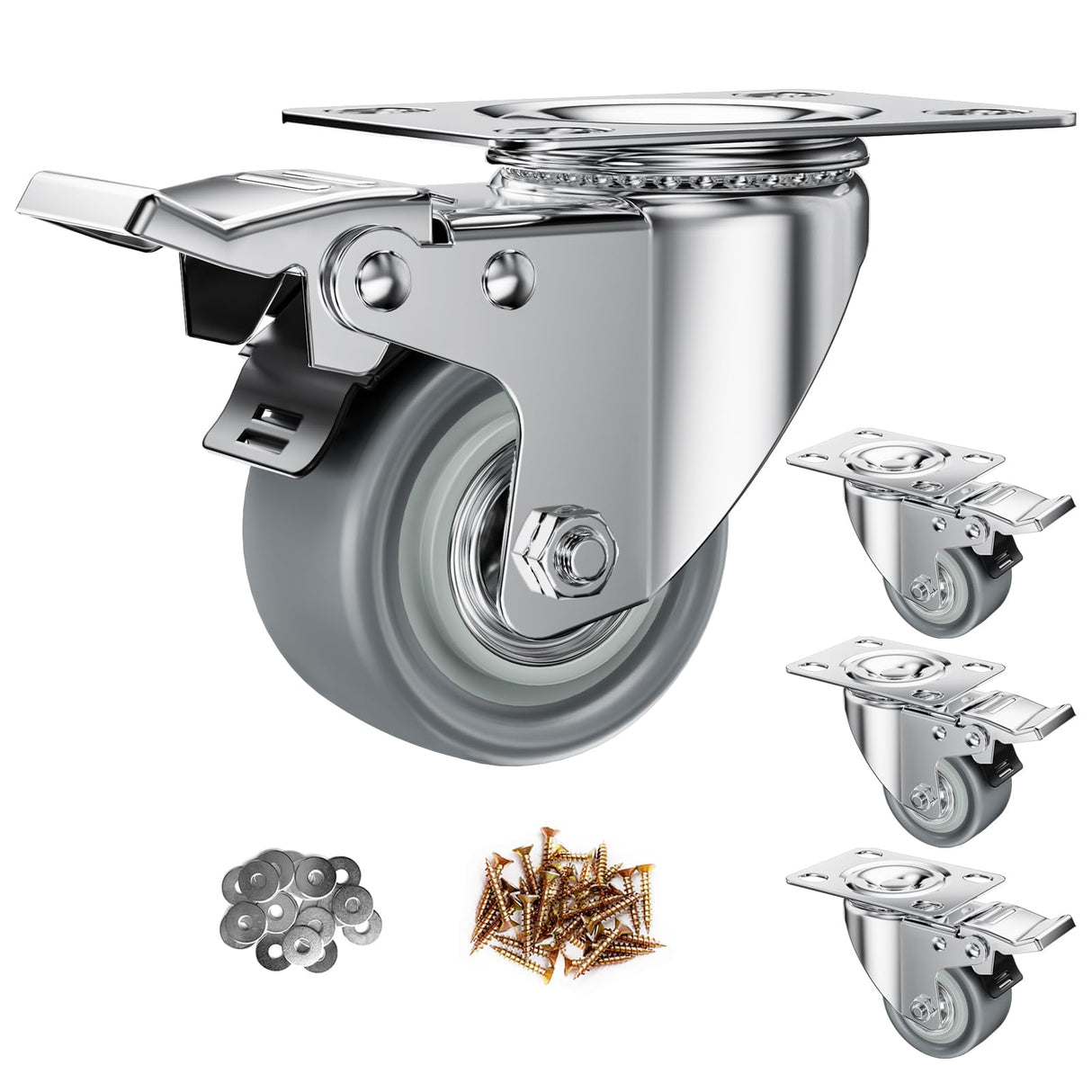 2 inch Caster Wheels Set of 4 Heavy Duty - CLOATFET Locking Casters, Swivel Casters with Brake (Top Plate), Non Marking Grey TPR Rubber Castor Wheels for Cart Furniture Workbench CLOATFET