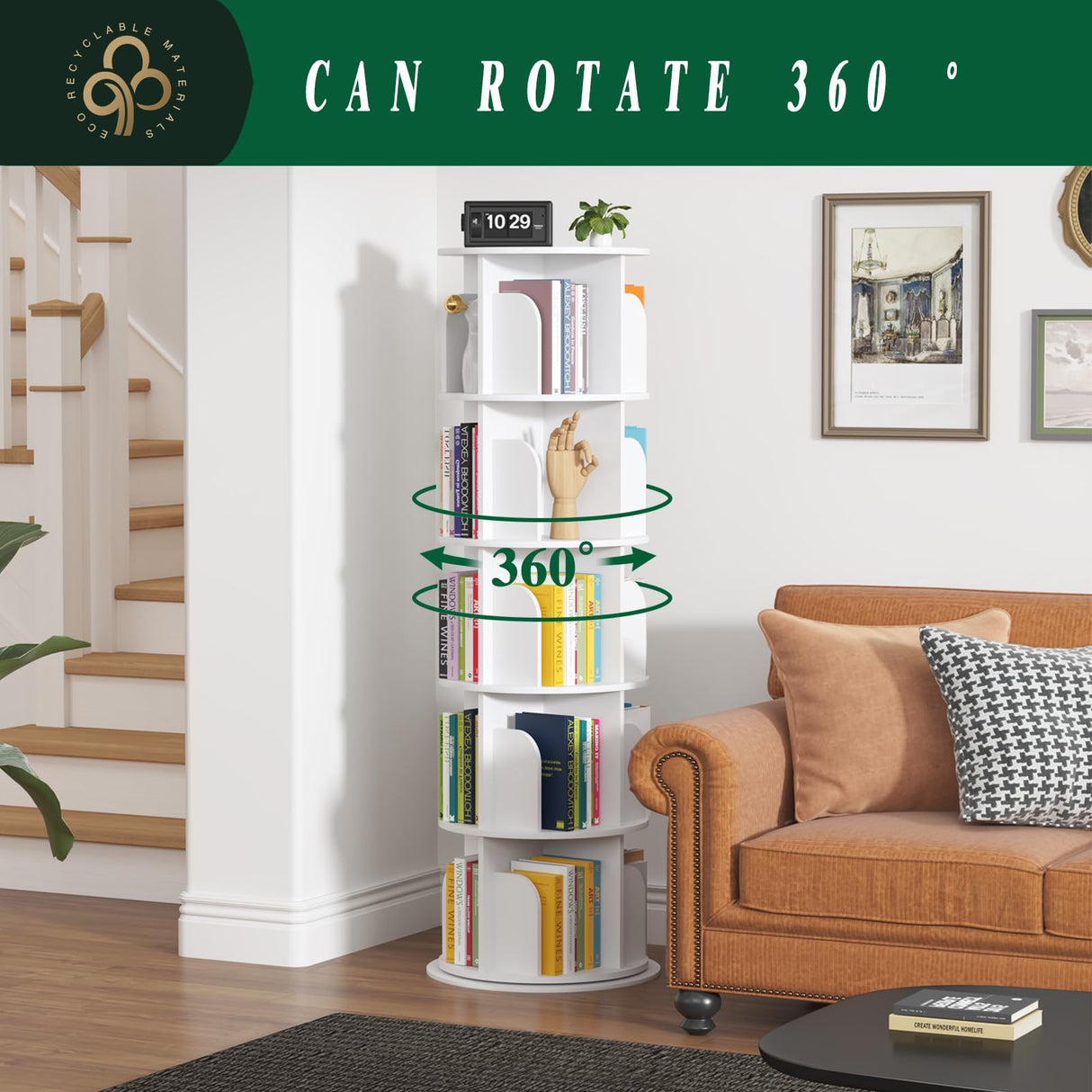 Rotating Bookshelf Tower 5 Tier,Spinning Bookcase, Revolving 360 Book Shelf Narrow Tall Bookcase, Vertical Turning Round storage Bookshelf ,Book Shelf Organizer for Bedroom, Living Room, White hhgrapehh