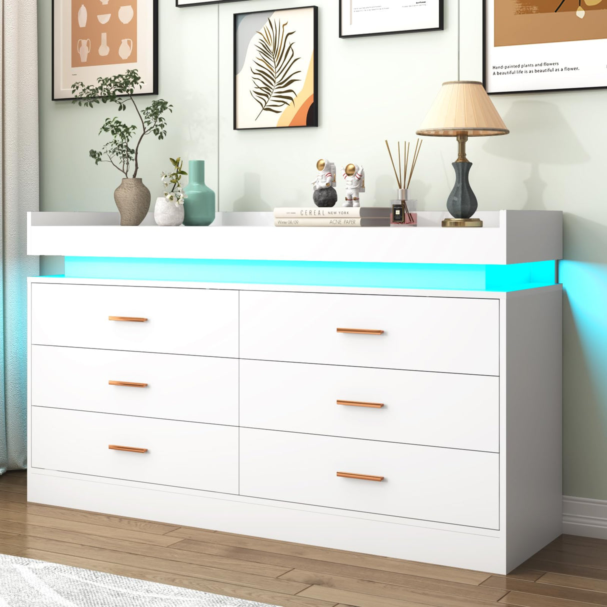 Hlivelood 6 Drawer Dresser with LED Light and Charging Station, Modern Chest of Drawers for Closet, Wide Drawer Organizer Cabinet for Bedroom, Living Room, Entryway, Hallway(6 Drawer White) Hlivelood