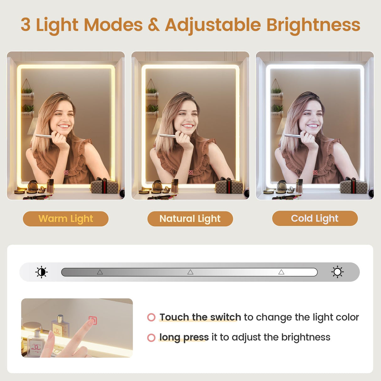 BTHFST White Vanity Desk with Touch Screen Mirror and Lights, Large Makeup Vanity with RGB Light Cabinets & Charging Station, 6 Drawers, 5 Jewelry Hooks, Vanity Table with Lighted Mirror BTHFST