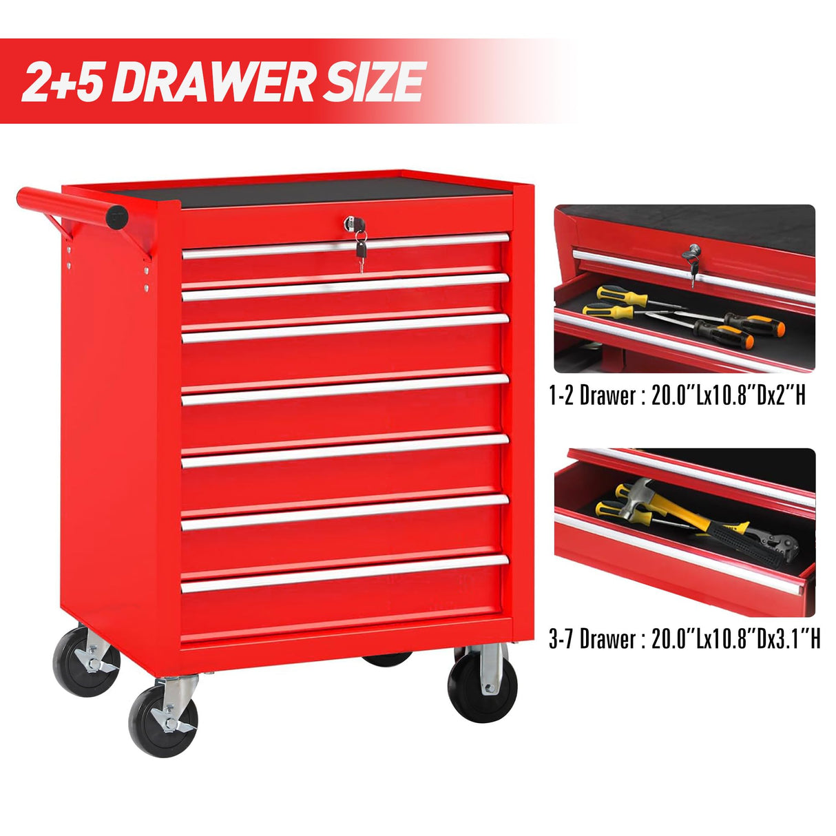 lunhung 7 Drawers Metal Rolling Tool Chest on Wheels, Tool Storage Cabinet Metal Tool Box with Lock, Multifunctional Drawers Rolling Tool Cart for Garage, Warehouse, Workshop, Repair Shop (Red) lunhung