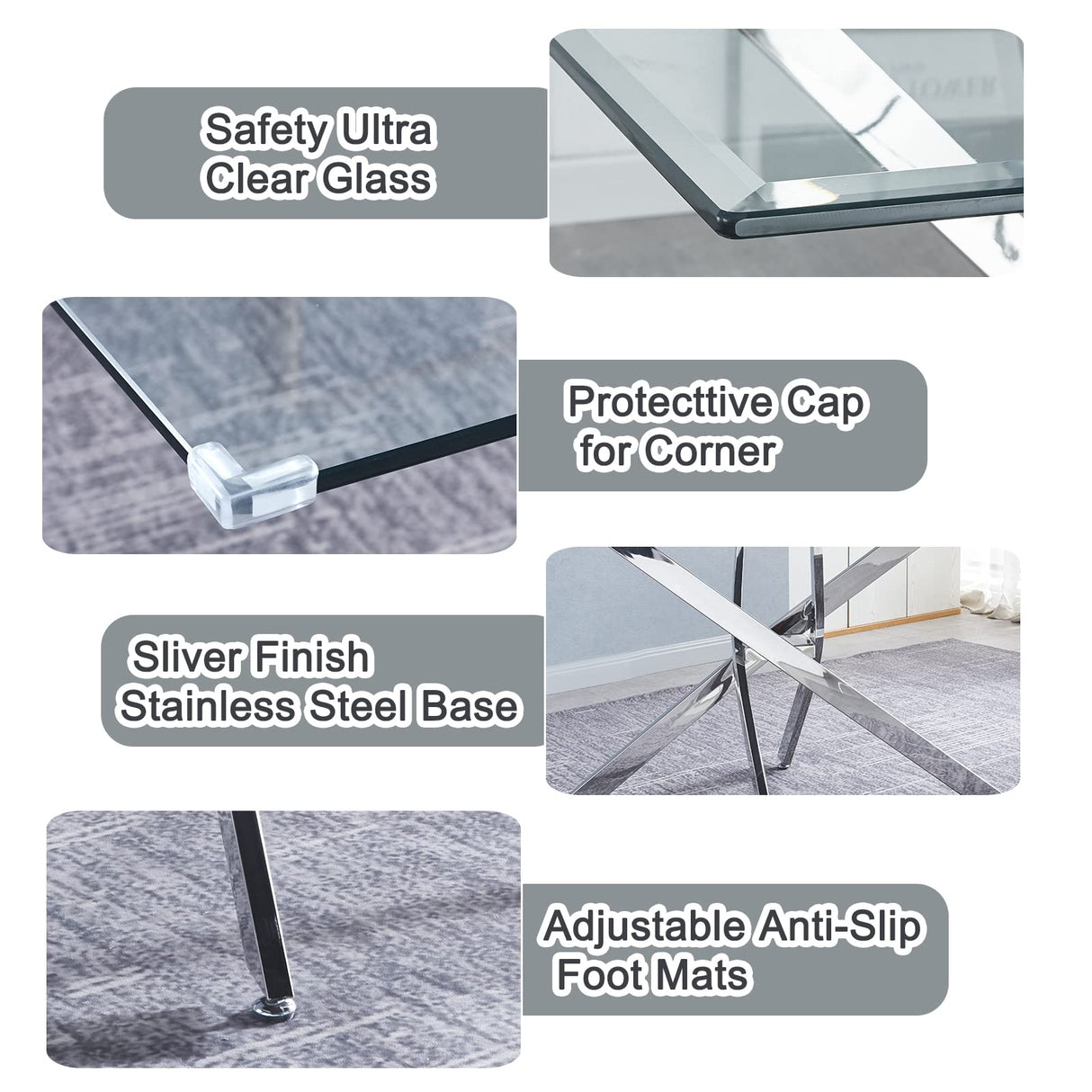 79" Large Dining Table, Glass Kitchen Table for 8-10 Person, Modern Dining Room Table with 0.39" Thick Tempered Glass Top and Silver Stainless Steel Pedestal Base, Big Dining Room Table for Home Pvillez