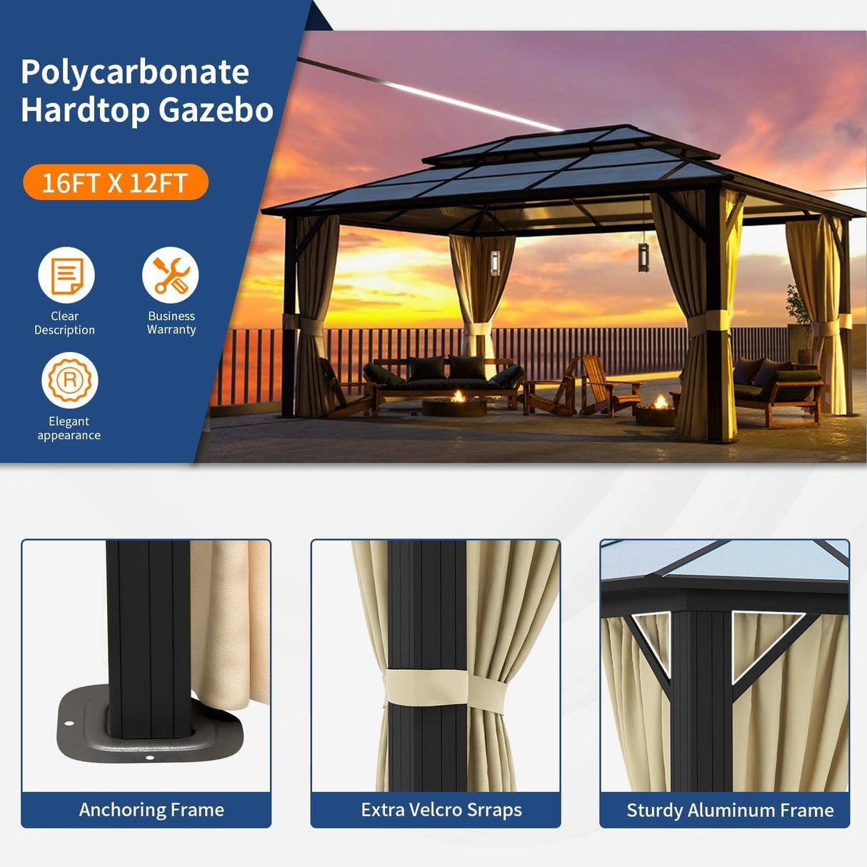 Jolydale 12'x16' Hardtop Gazebo, Outdoor Polycarbonate Double Roof Canopy, Aluminum Frame Permanent Pavilion with Curtains and Netting, Sunshade for Garden, Patio, Lawns Jolydale