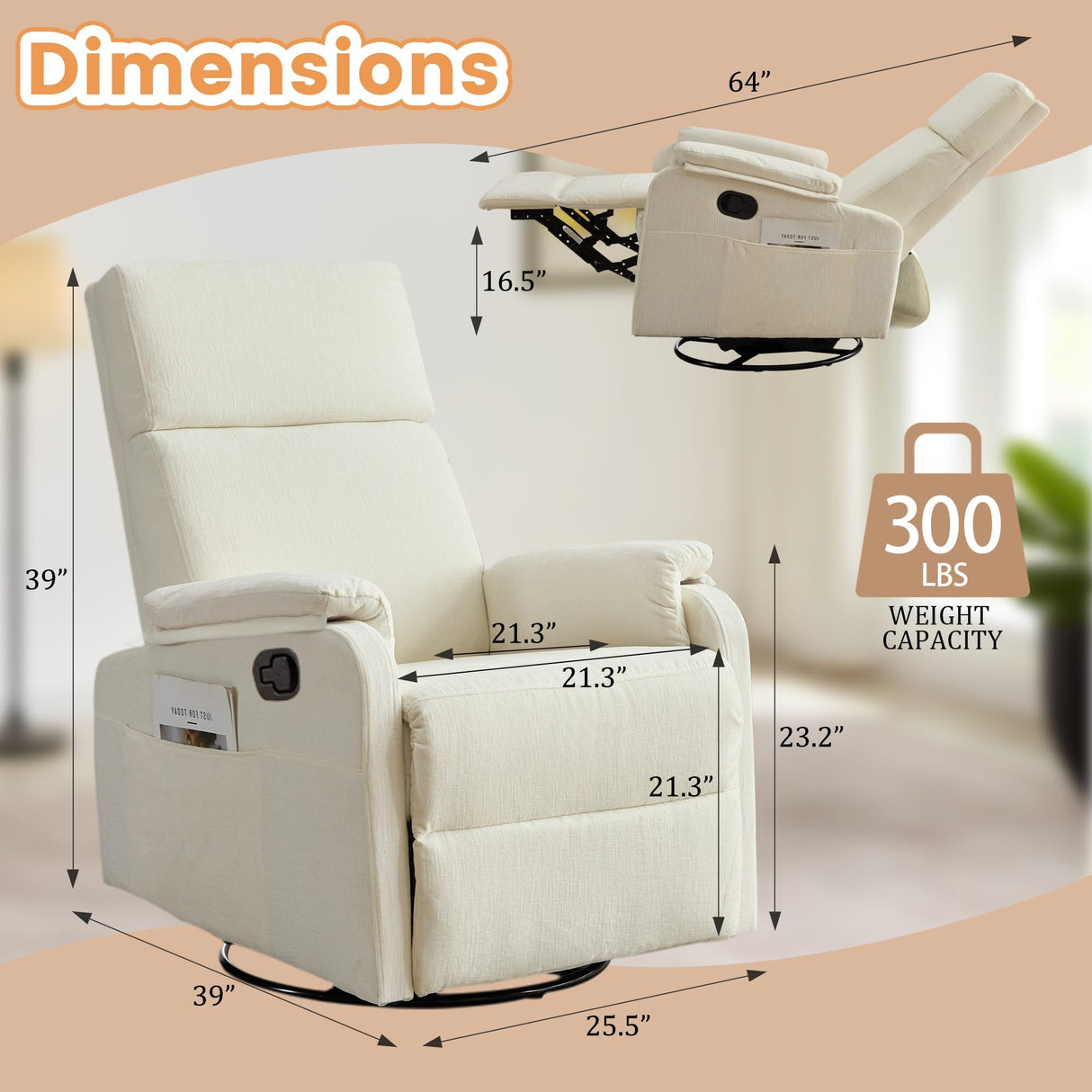 Korser Recliner Chairs, Swivel Rocking Recliner Chair for Adults, Glider Rocking Chair, Small Nursery Recliner for Living Room, Reclining with Modern-Designed Armrests, Chenille, Beige Korser