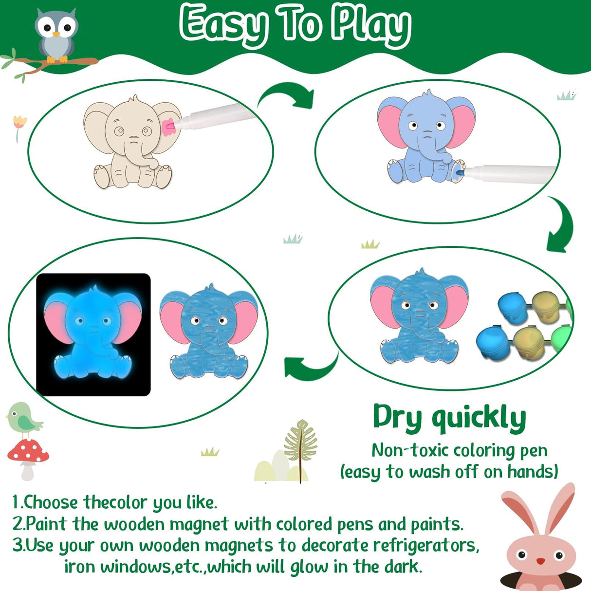 Yizeda 30 Pcs DIY Jungle Safari Wooden Magnets, Wooden Art Craft Supplies Painting Kit for Kids Ages Glow in The Dark Party Favors Goodie Bag Stuffers Birthday Gifts Toys for Boys Girls Yizeda