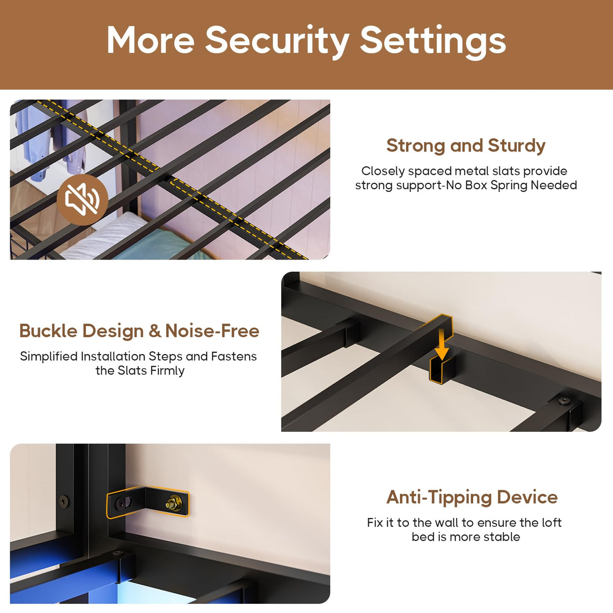 DICTAC Full Over Twin Metal Bunk Bed with Desk and LED Lighting – Black DICTAC