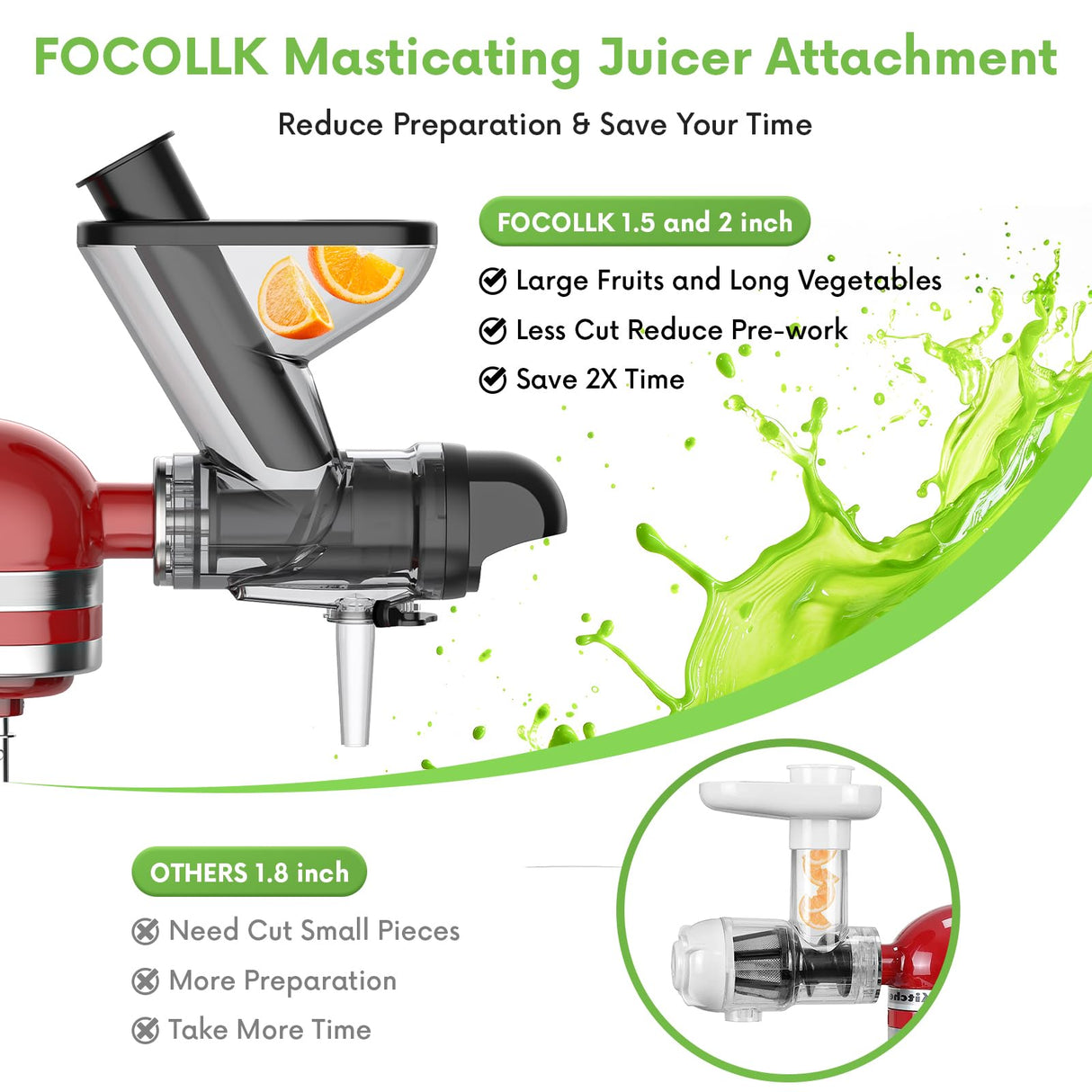 Masticating Juicer Attachment for KitchenAid Stand Mixer, Juicer Machine for Kitchenaid Mixer Attachments, Cold Press Juicer with Dual Mouth Feed Chute for KitchenAid mixer Attachments FOCOllK