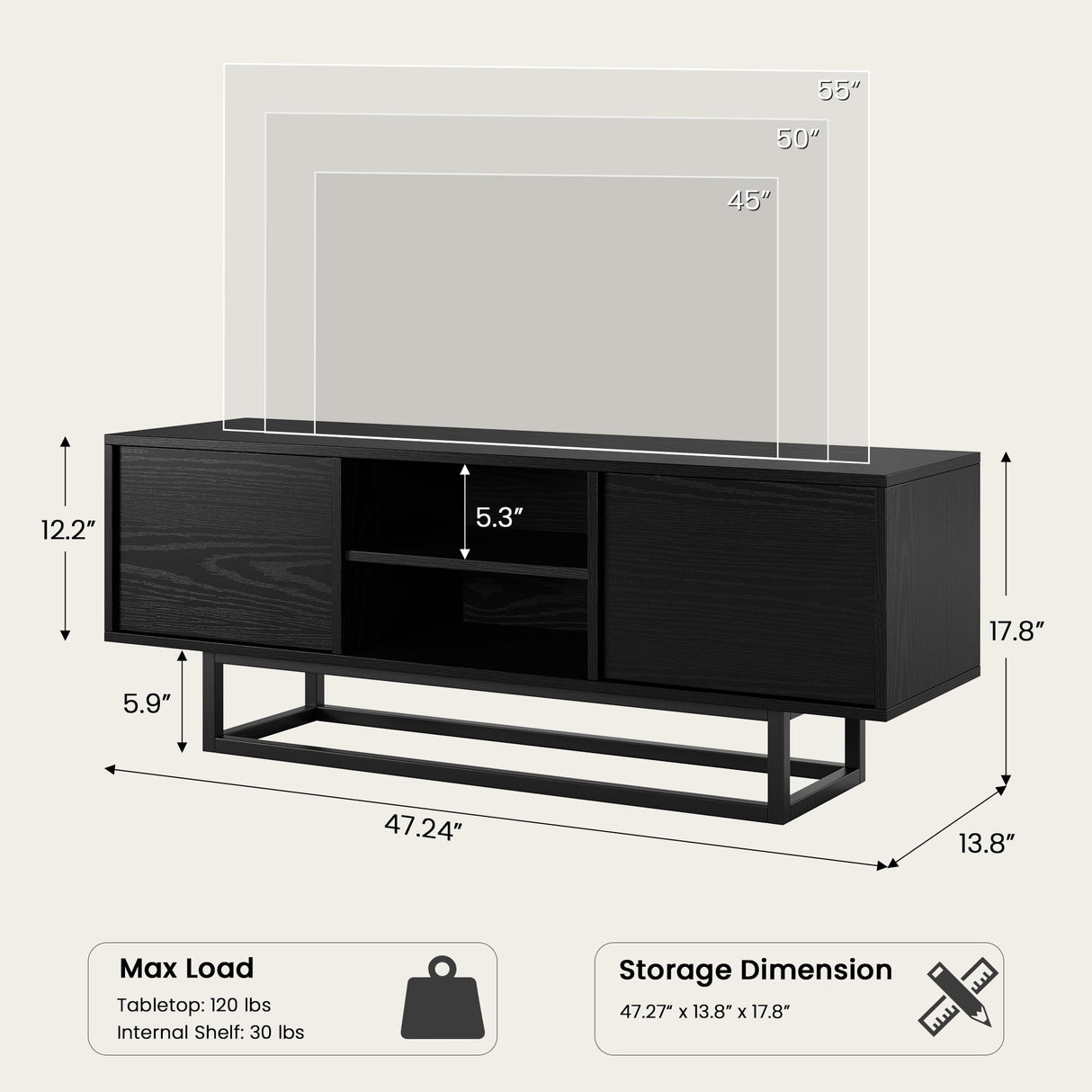 HAIOOU TV Stand for 50 55 Inch TV, Modern TV Console Small Entertainment Center with Sturdy Metal Base, Push-to-Open Doors and Soft-Close Hinges for Living Room, Bedroom - Wood Grain Black HAIOOU