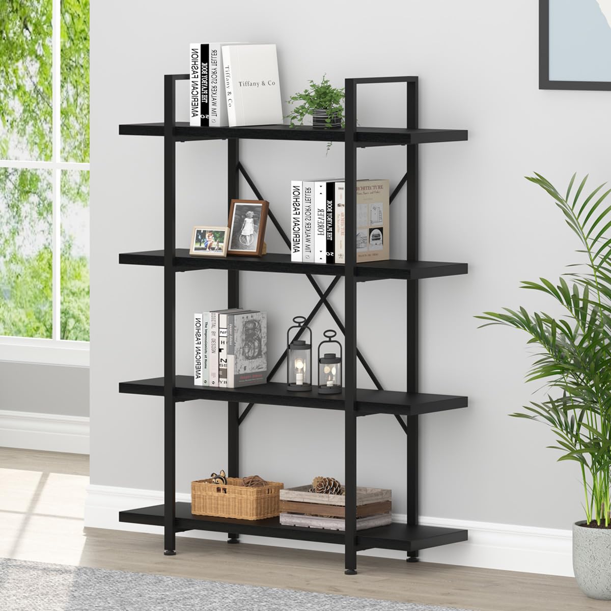 HSH 4 Tier Black Bookshelf, Industrial Metal Wood Storage Book Shelves, Modern Open 4 Shelf Bookcase and Display Etagere, Vertical Book Shelf for Bedroom Living Room Office HSH